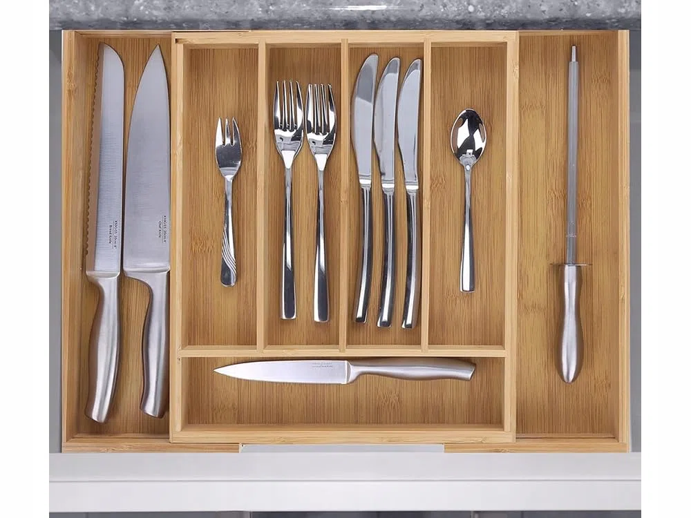 Organizer in BAMBU' Cassetti Posate, 7 Scomparti, Estensibile Fino a 39x37 Cm, Organizzatore Vassoio Cassetto Espandibile Utensili, Posate Utensili Ordine in Cucina, Coltelli Forchette Cucchiai,