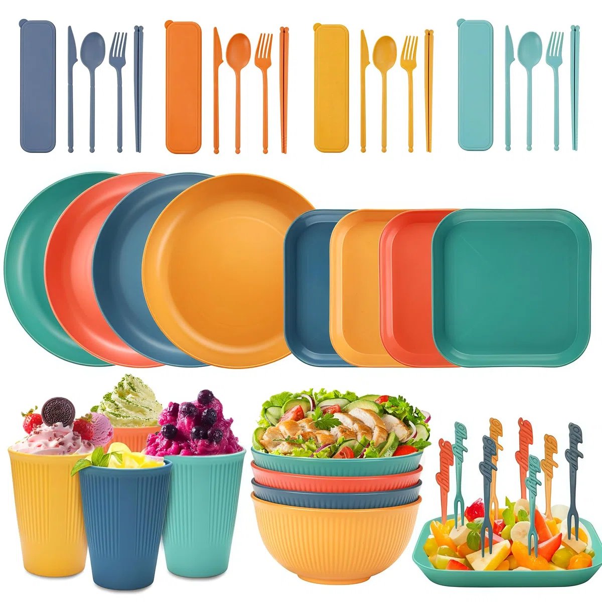 48 Pezzi Set di Stoviglie da Campeggio in Plastica Infrangibile, 8 Piatti, 4 Ciotole e 4 Tazze con Posate, Ideale per Picnic, Barbecue e Viaggi, Leggero e Resistente