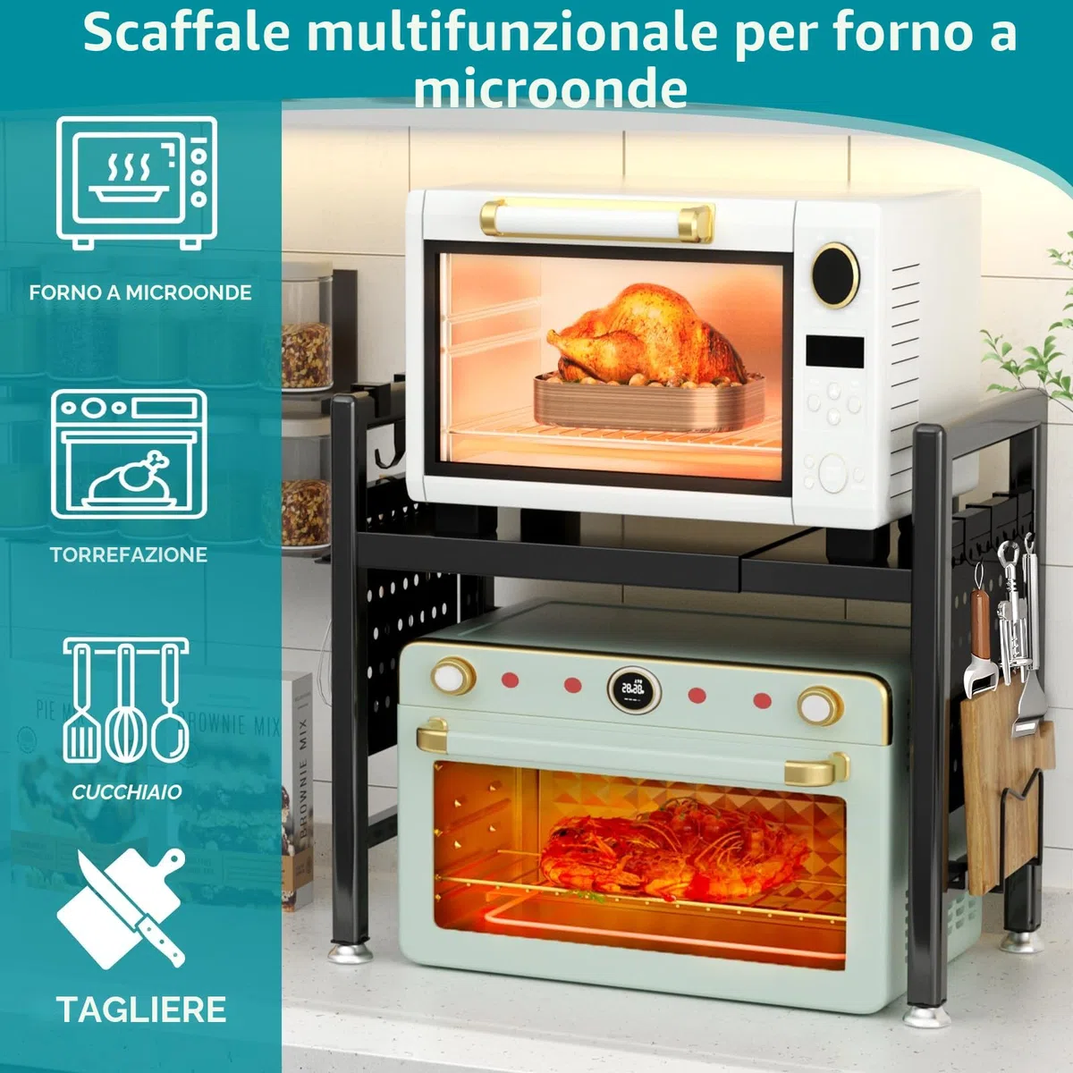 Mensola Microonde Estensibile, Regolabile Due Livelli Microonde Scaffale 40-65cm, Mensola Microonde Salvaspazio, Supporto Microonde con Rastrelliera per Tagliere, 6 Ganci, Istruzioni (Nero)