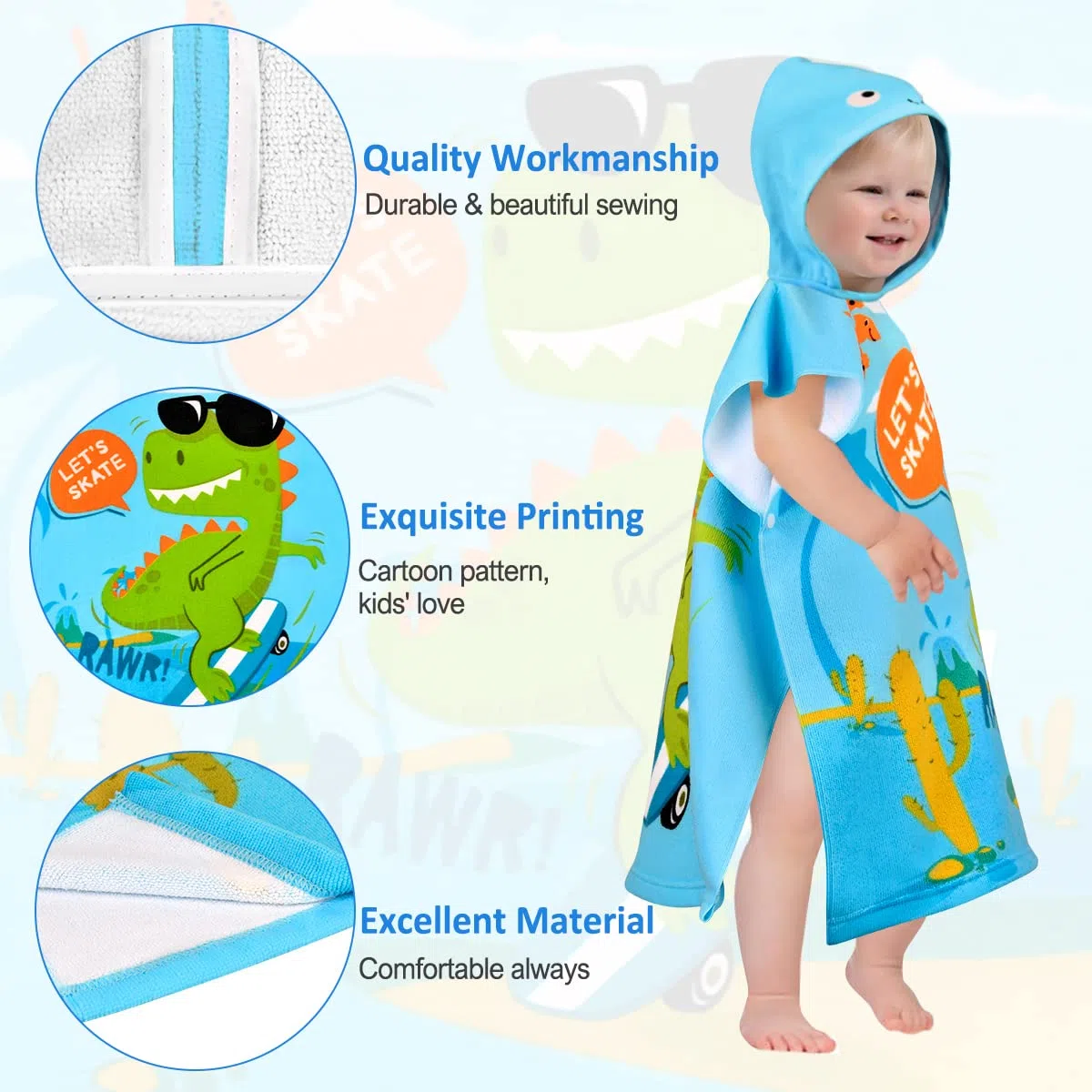 Asciugamano Poncho Mare Bambino Telo Mare con Cappuccio Super Assorbente Asciugatura Rapida Accappatoio a Poncho per Bambini 2-6 anni