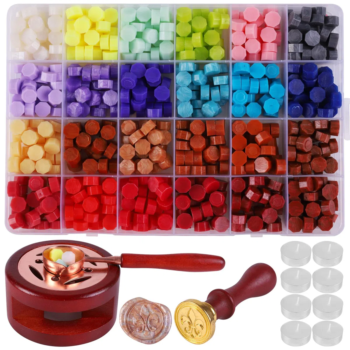 620 Pezzi Kit Ceralacca 24 Colori Cera Lacca per Sigilli Ottagonali Sigillo Perline di Cera con Timbro Ceralacca Scaldacera Cucchiaio 8 Candele per Matrimonio Invito Lettere Natale