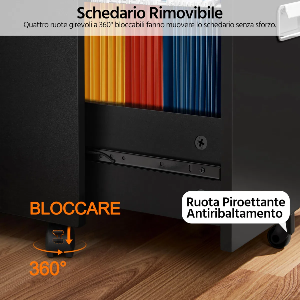Yaheetech Cassettiera da Scrivania con 3 Cassetti Salvaspazio Archivio Schedario Portadocumenti Mobiletto da Ufficio Rimovibile con Ruote per Ufficio Studio (Nero)