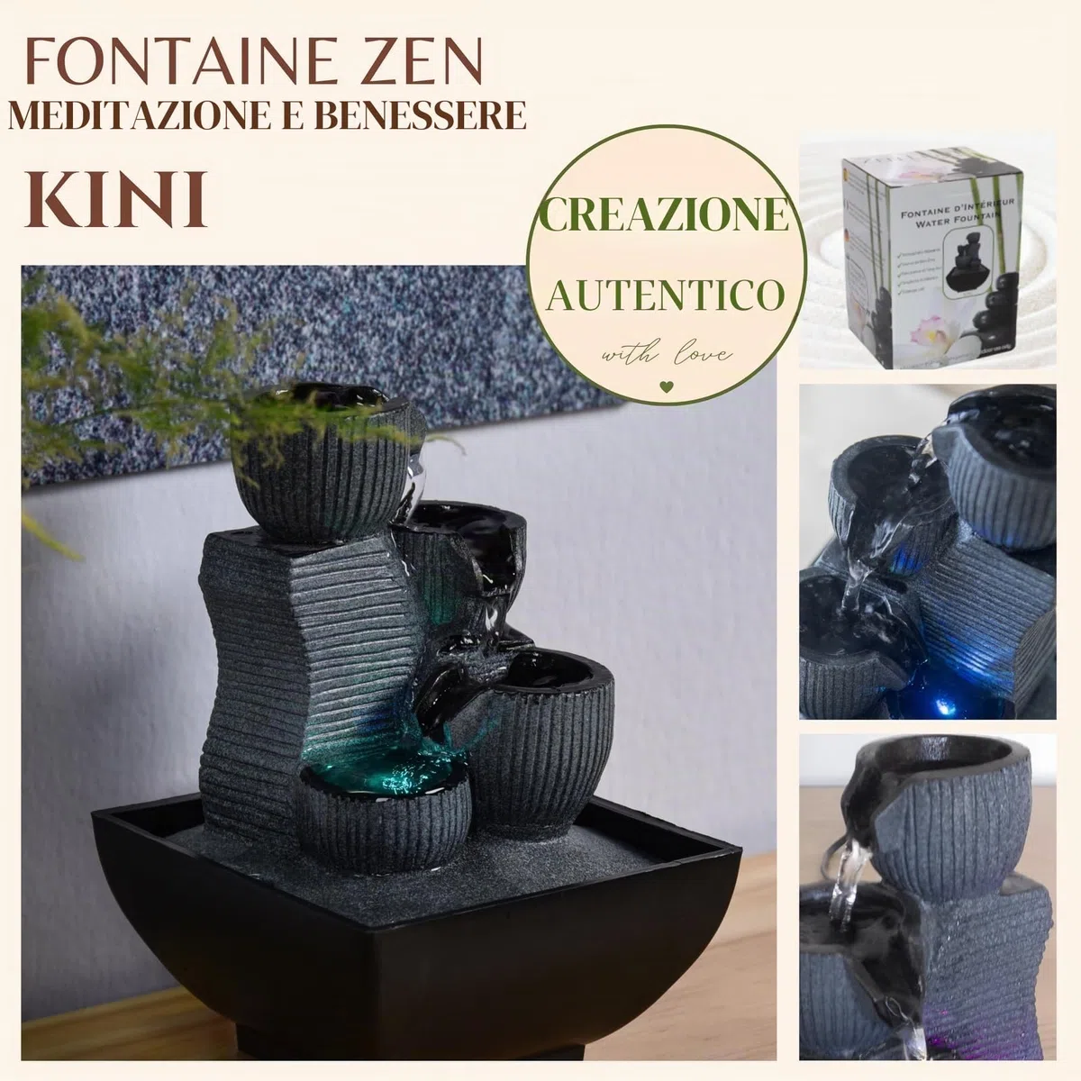 Zen Light - Kini, Fontana da Interno con Pompa e Illuminazione a LED, in Resina, Taglia Unica