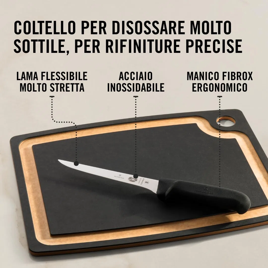 Victorinox Fibrox, Coltello per disossare, Coltello da Cucina stretto per Carne e Pollame, 15 cm, Lama Dritta, Stretta, Flessibile, Affilata, Acciaio Inossidabile, Nero