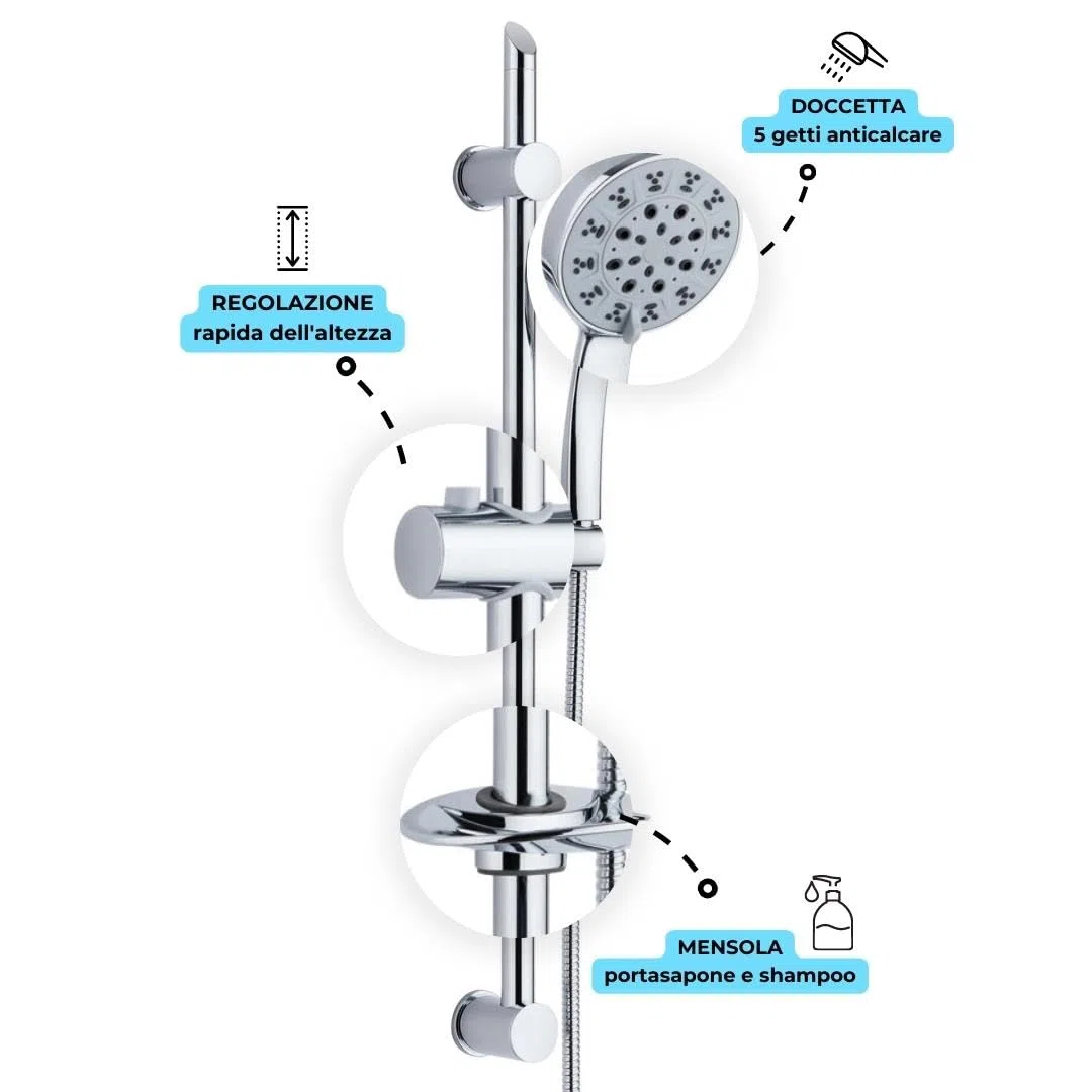 OGOMONDO Asta Doccia Saliscendi 005 Completo Doccetta 5 Funzioni Multigetto Salvaforo H 72 CM