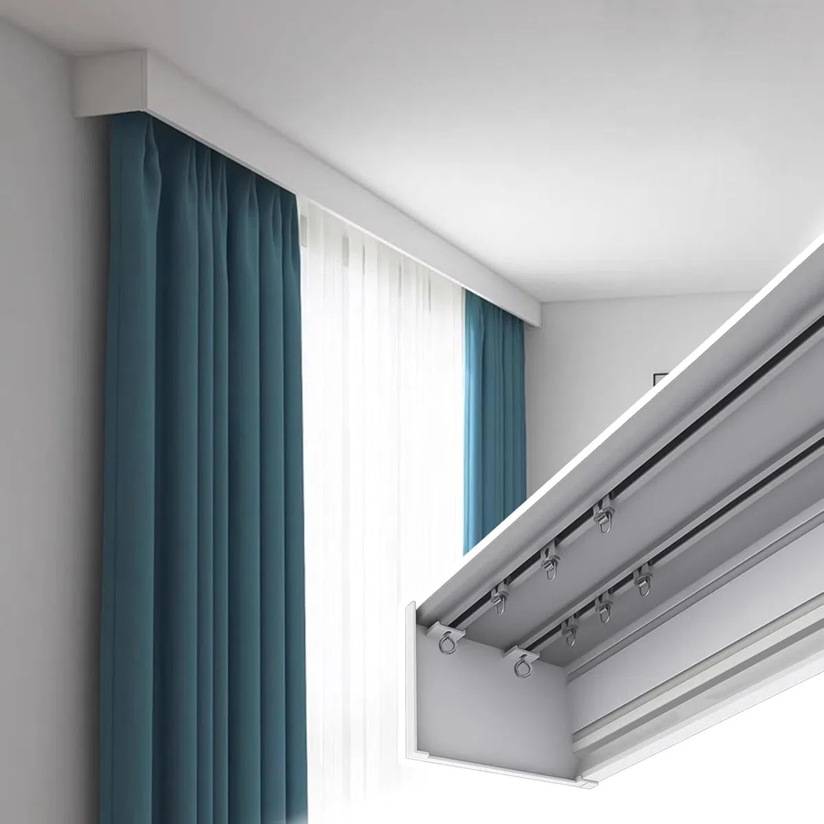 Sistema di binari per tende, montaggio a soffitto a doppio binario per tende, design a scatola in metallo per una facile installazione