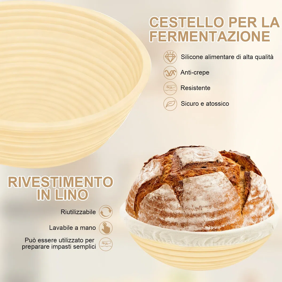 10 Pezzi Cestino da Lievitazione per Pane, Set Panificazione con Cestini Lievitazione in Silicone Rotondo da 23 cm & Ovale da 25 cm, Tela di Lino, per La Cottura del Pane