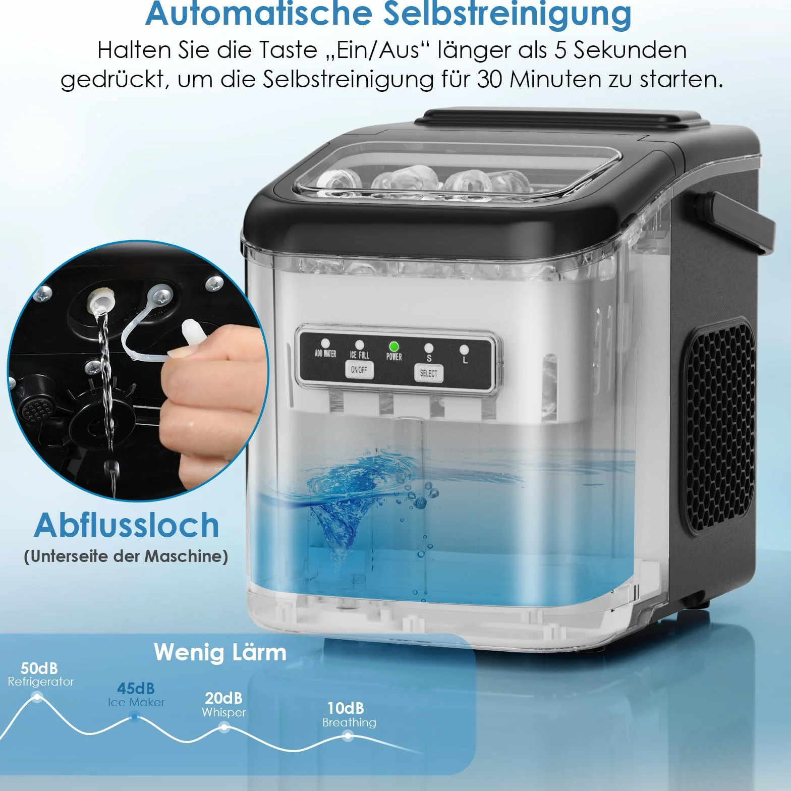Macchina Ghiaccio, 12 kg/24h, 9 Cubetti di Ghiaccio in 6 Minuti, 2 Dimensioni di Ghiaccio, Silenzioso, Macchina del Ghiaccio Casa Autopulente con Maniglia/Cestello/Paletta, per Cucina/Ufficio/Bar