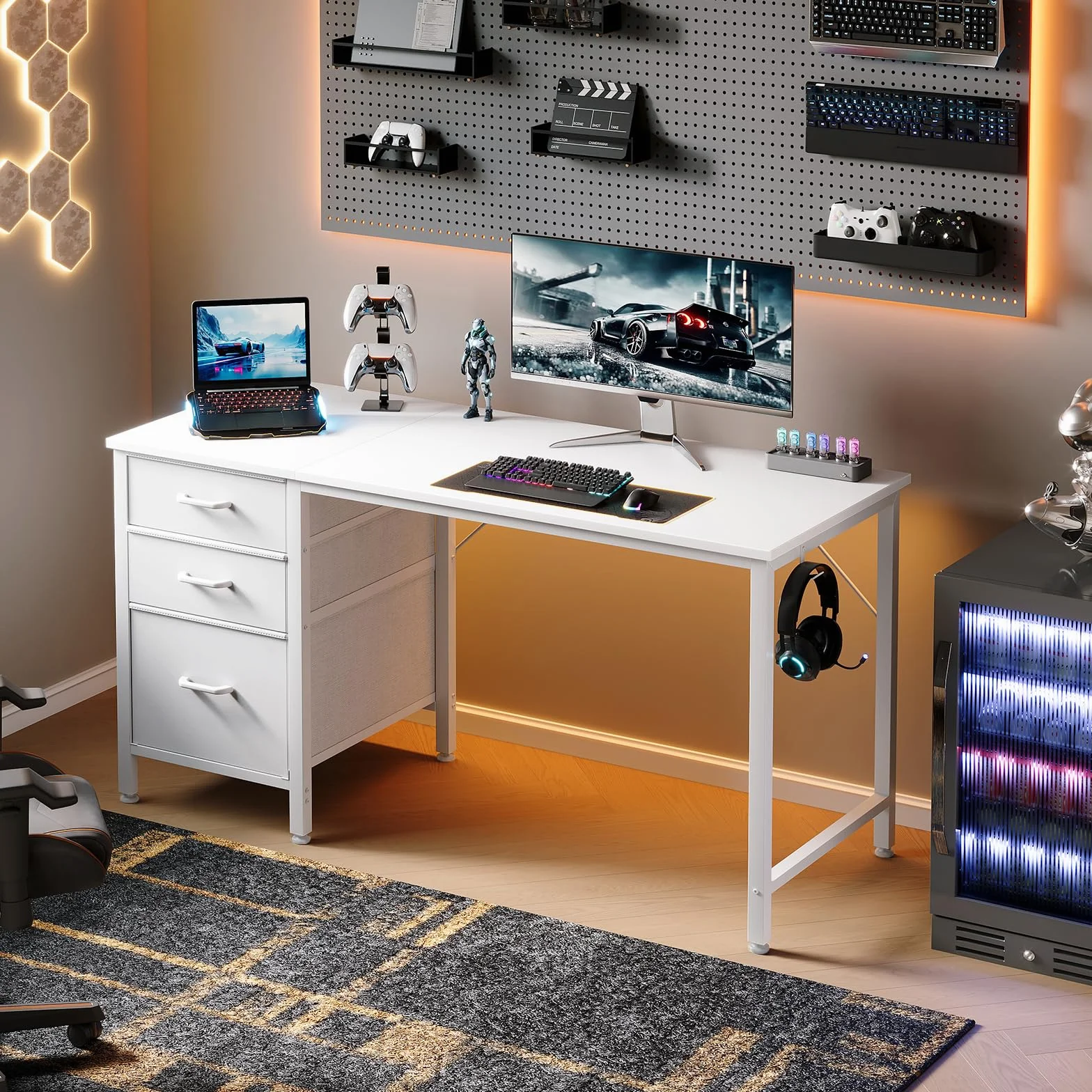 Coleshome Scrivania con 3 Cassetti in Tessuto, 120x48cm Scrivania Salvaspazio con Portacuffie, Bianco Scrivania Computer Reversibile per Piccolo Ufficio in Casa