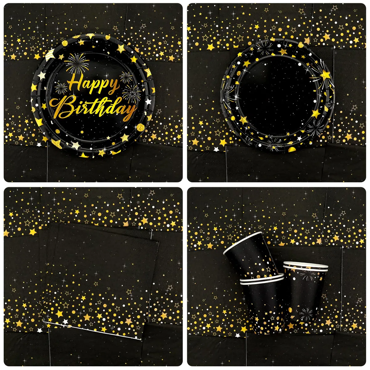 Decorazione per festa in nero e oro, per 20 persone, include piatti, bicchieri, tovaglioli, tovaglie, cannucce
