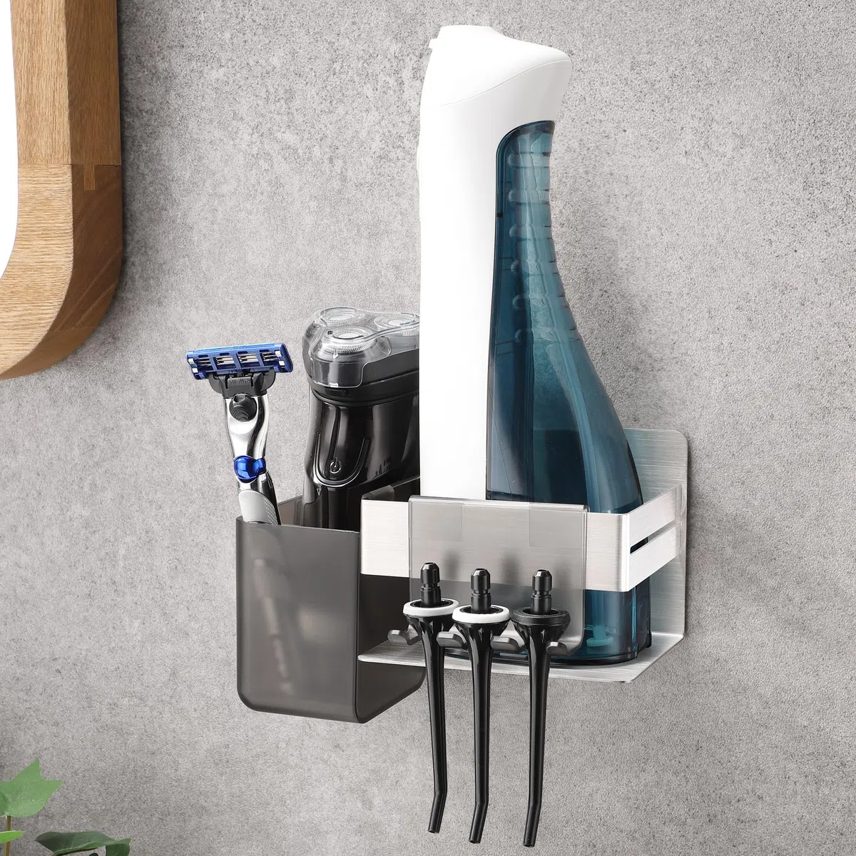 ALOCEO Porta Spazzolino per Spazzolini Elettrici da Parete Set Custodia, Porta Testine Spazzolino Elettrico con 2 Ganci, Organizzare il Spazzolino Caricabatterie e Dentifricio, Argento