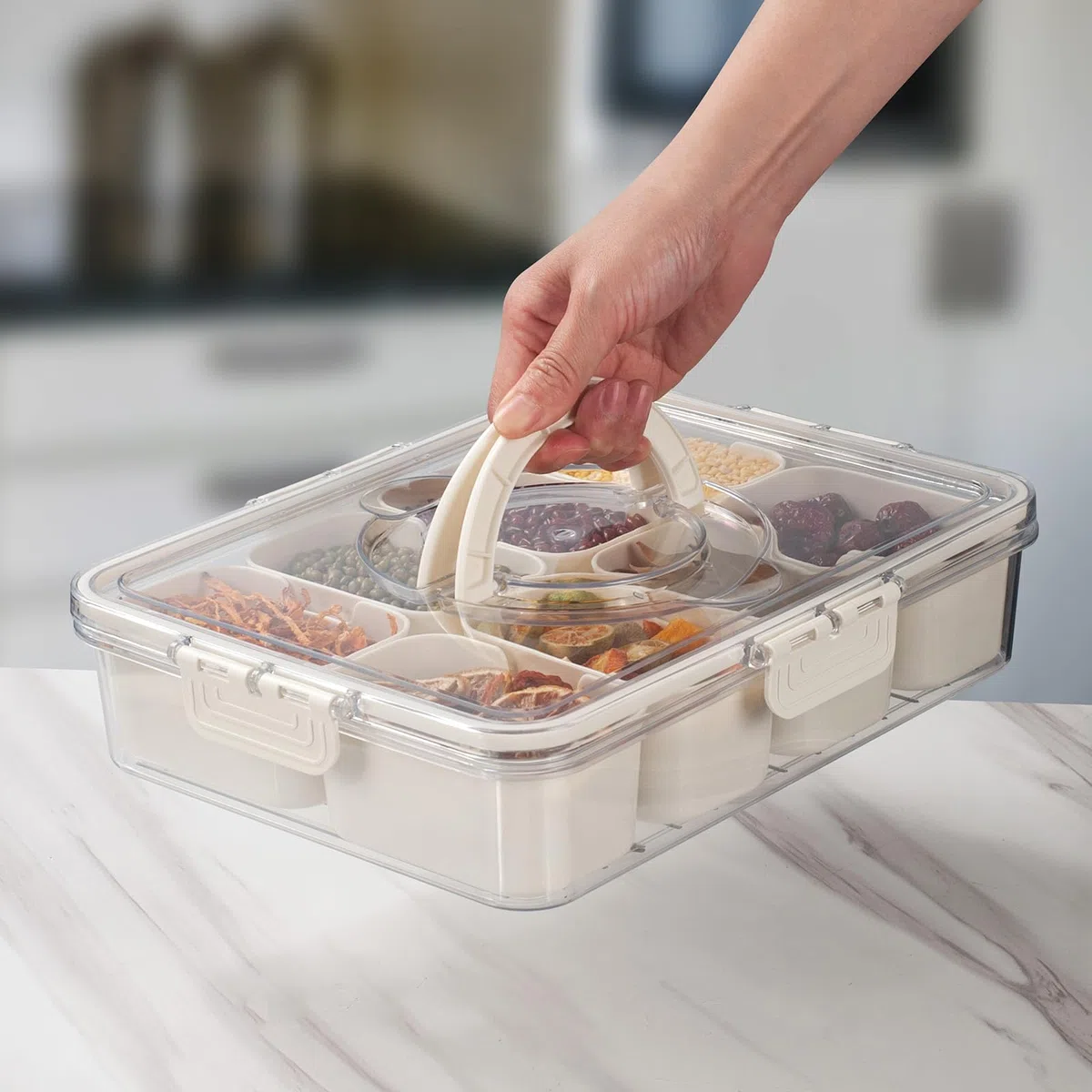 CESTATIVO Vassoio per Snack Con Coperchio e Maniglie, Contenitore per Frutta, Caramelle, Noci, Cookie, Dessert, Verdure (2 Pezzi - 8 Scomparti)