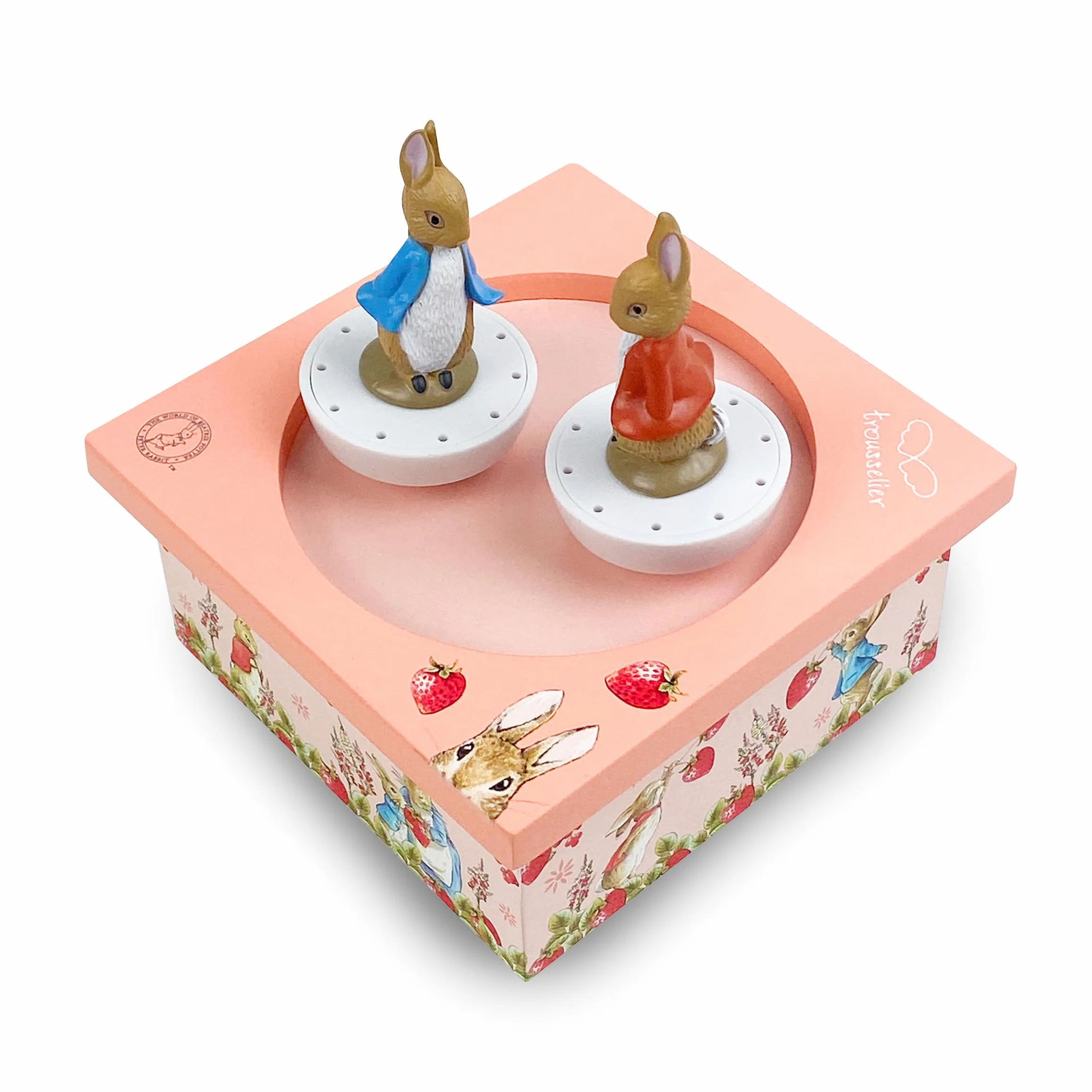Trousselier - Pierre Coniglio Peter Rabbit Fragole - Carillon per bambini in legno - 2 figurine rimovibili - Regalo per nascita e battesimo - Musica Il Flauto Incantato Mozart