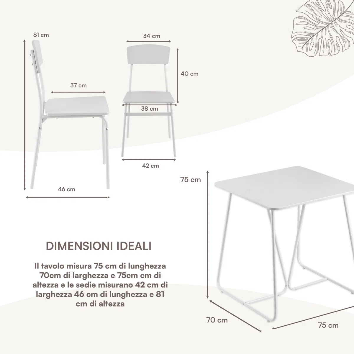 Baroni Home Set Tavolo Quadrato da Pranzo con 2 Sedie, Design Moderno, Leggero, per Interni ed Esterni, Sala da Pranzo, Ristorante, In MDF e Acciaio, Montaggio Facile, Bianco