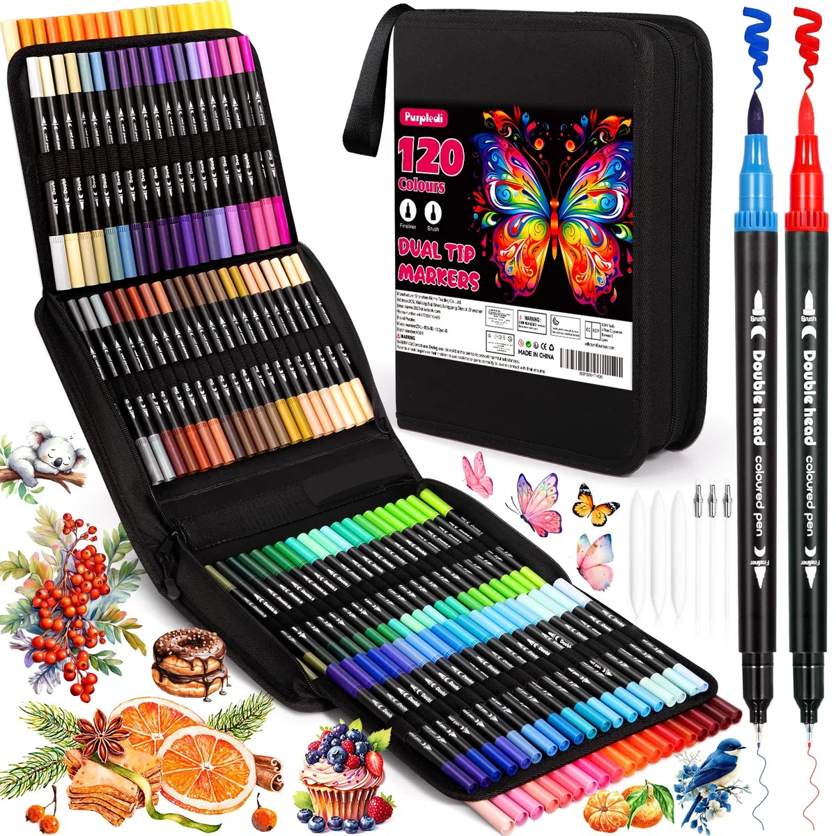 Purpledi Brush Pen Lettering, 120 Colori Pennarelli Doppia Punta Fine e Grossa Pennello, Pennarelli Punta Fine per Artisti, Pennarelli Acquerellabili Pennarelli Doppia Punta per Calligrafia, Dsegno