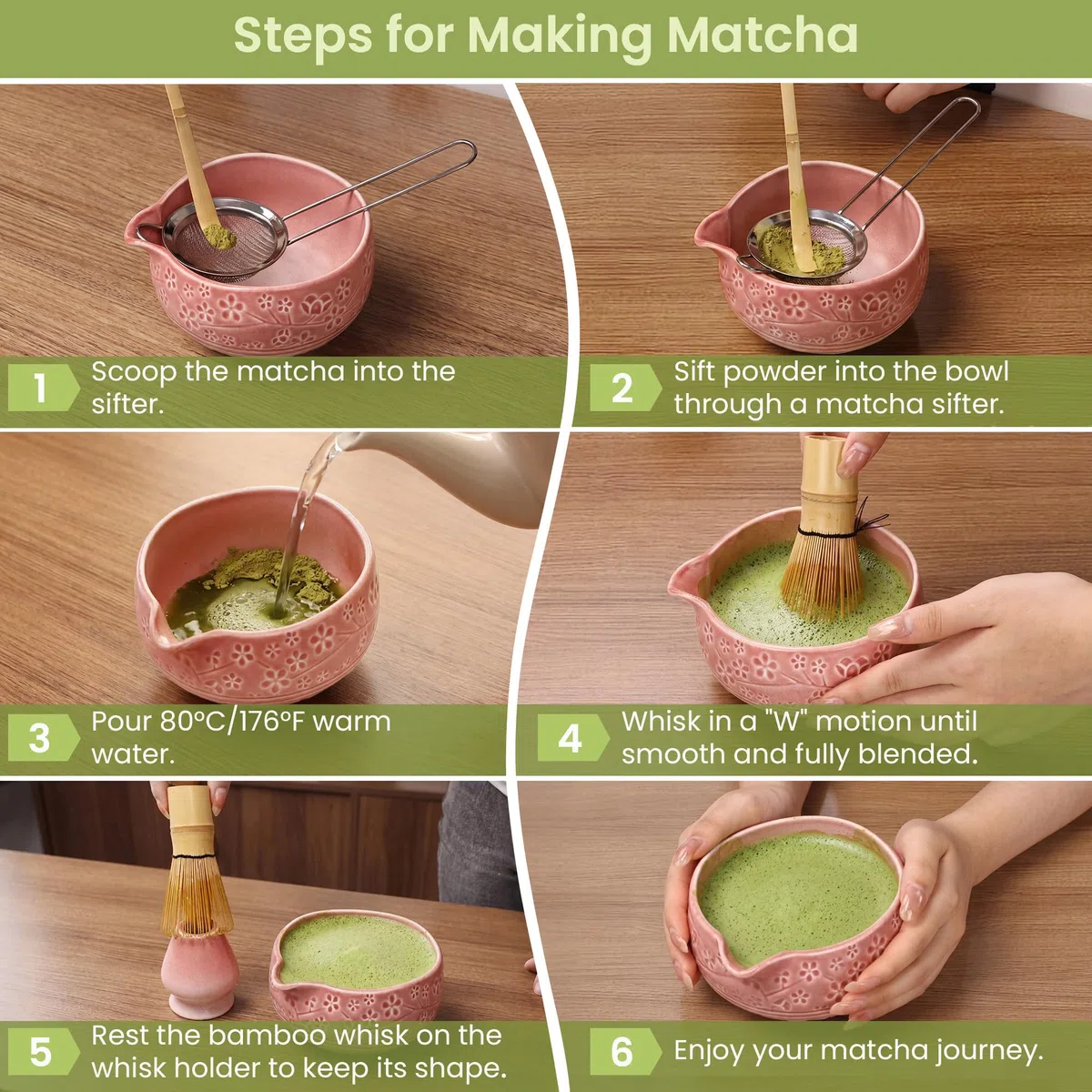 Kit Matcha 7 pezzi, Frusta in Bambù con Portafrusta, Ciotola in Ceramica con Beccuccio, Colino, Cucchiaio, Strofinaccio – Per Matcha Latte, Cerimonia del Tè Giapponese – Rosa Sfumato