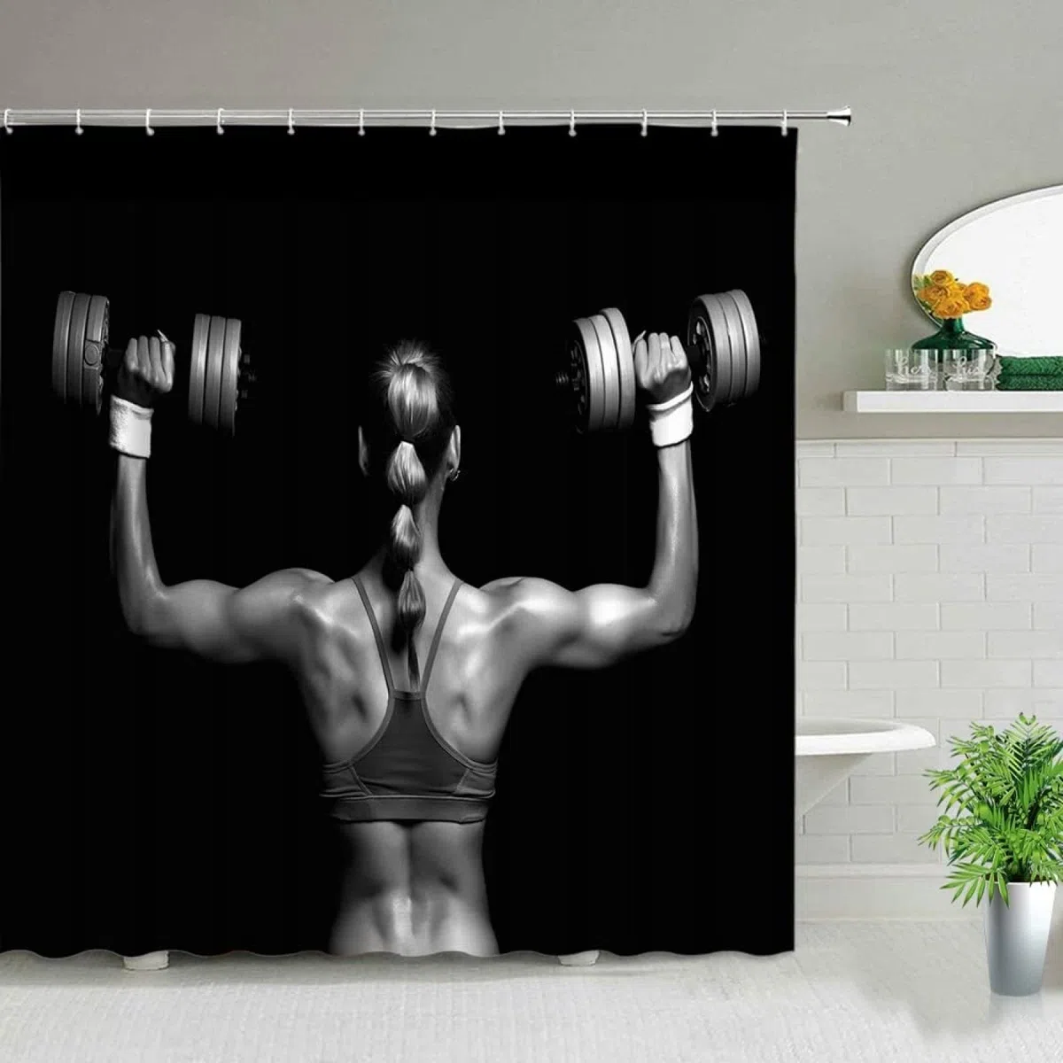 Tenda Doccia Fitness, Tenda Doccia Antimuffa 200x200 Donne Manubri Tende da Doccia in 3D Fitness Poliestere Tessuto Impermeabile Tenda da Bagno Decorativo