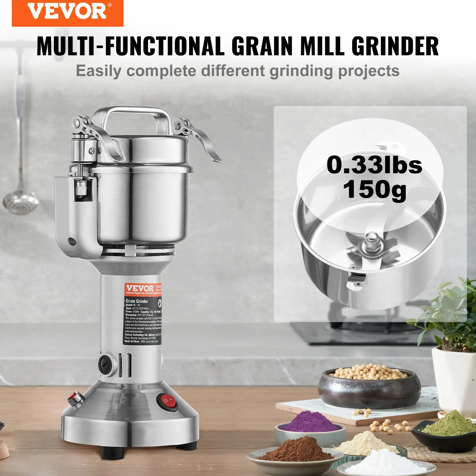 VEVOR 150g Mulino Elettrico per Cereali, Macina Spezie Commerciale Alta Velocità 850 W, Macchina Polverizzazione in Acciaio Inox, per Cereali Secchi, Spezie, Caffè, Mais, Pepe, Tipo Oscillante