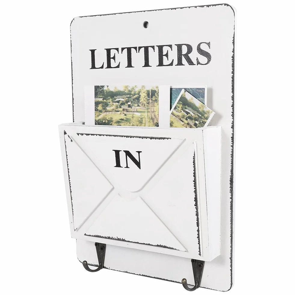 Vintage Cassetta Postale/Mailbox di Legno a Parete, Scatola d’Immagazzinaggio con Piloni Portachiavi per Corridoio Portone Cestello Portaoggetti (Colore : Bianca)
