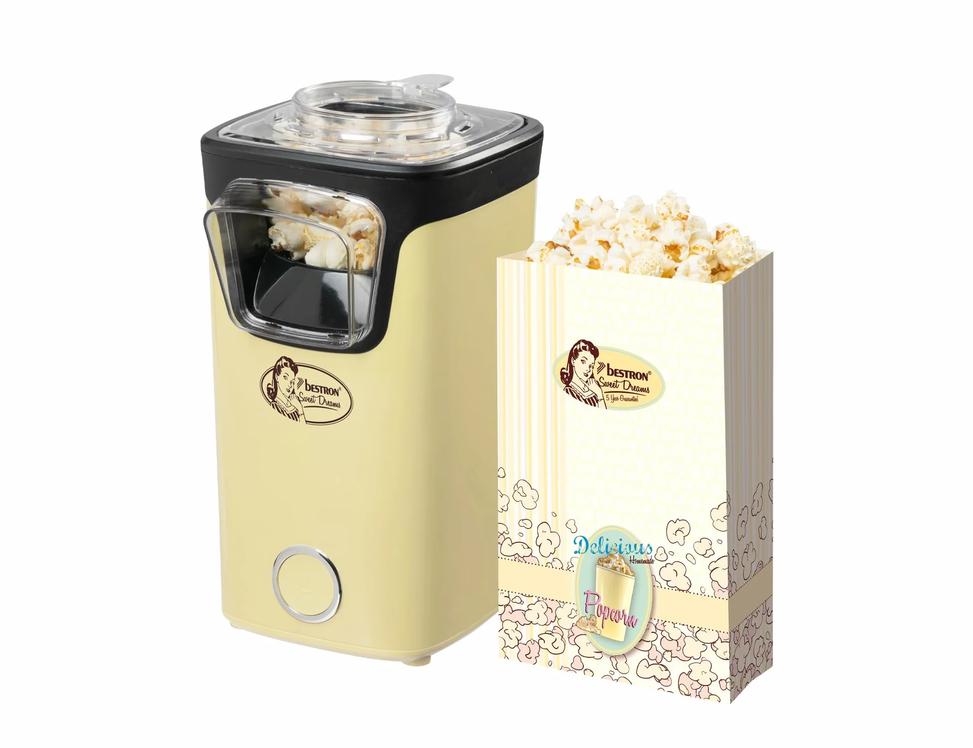Bestron Macchina Popcorn, Turbo-Popcorn in meno di 2 minuti, Popcorn Machine con tecnologia ad aria calda, include 10 sacchetti per popcorn & misurino integrato, Collezione Sweet Dreams,Colore: Giallo