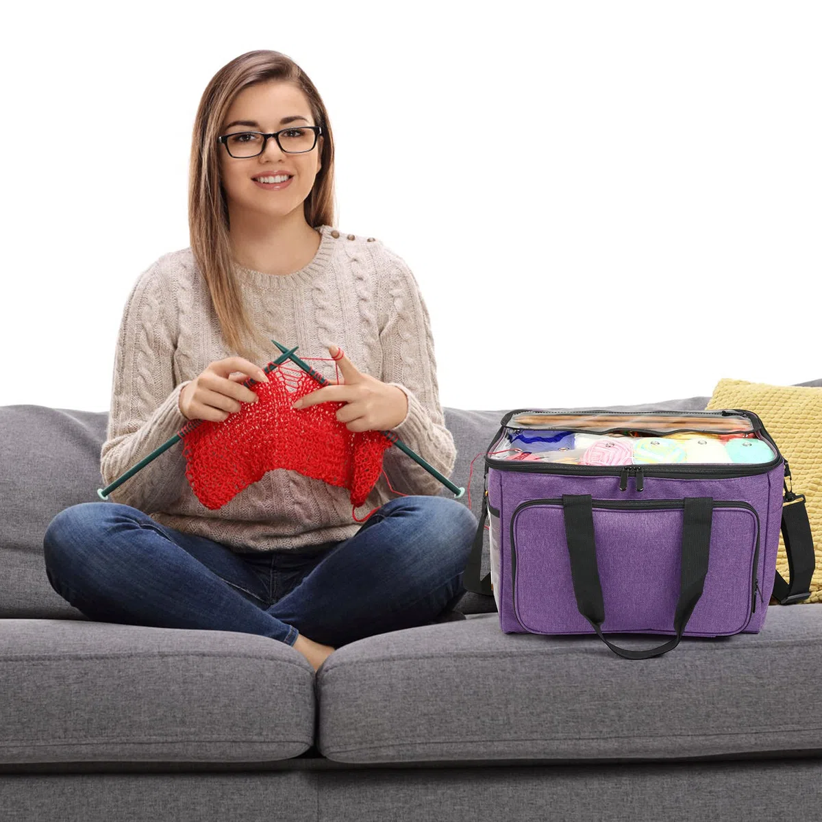 LEMESO Borsa a Maglia per Maglieria Lana Porta Lavoro Unicetto Custodia Filati Trasporto Conservazione Materiali per Cucito Inverno Sacco Organizer Tasche Scomparti Accessori Cuciture con Manico