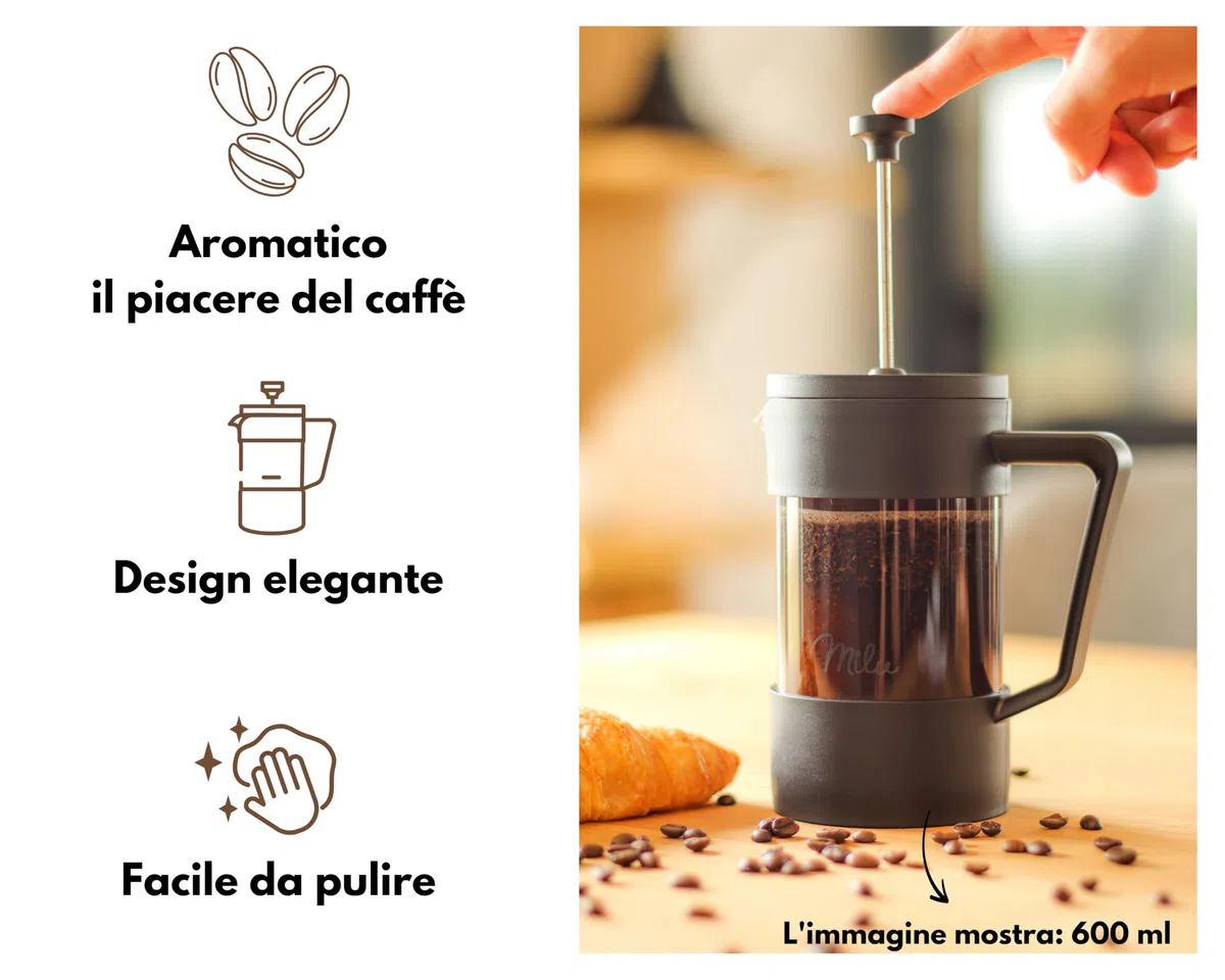 Milu Caffettiera francese Pressa per Caffè | 350ml 600ml 1L | Vetro French Press Caffettiera stantuffo (Nero, 600ml (3 tazze)