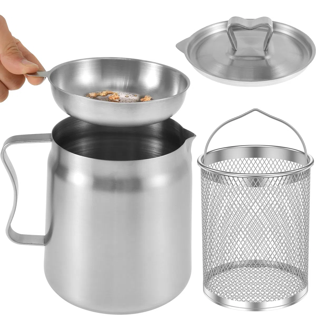 Contenitore per grasso per pancetta con filtro per olio, 1,5 l/2 l, in acciaio inox, contenitore per olio da cucina, con manico, antiruggine, per friggere olio e grasso da cucina (1,5 l)
