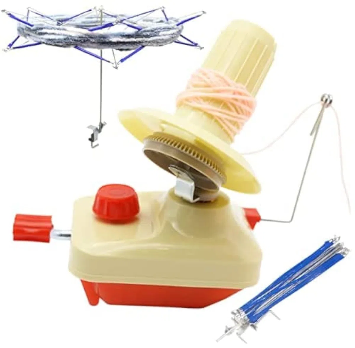LAMXD Needlecraft - Avvolgitore per gomitoli di filati, azionato a mano, rosso, confezione portatile, facile da installare e usare, robusto con manico in metallo e morsetto da tavolo, incluso set di
