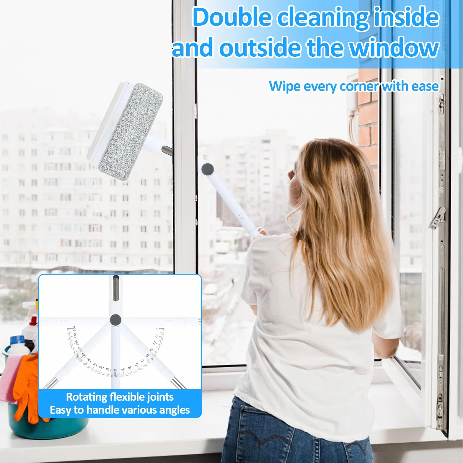 Telescopico lavavetro, Lava Vetri Finestre, Spazzola con Spray, Lavavetro in Silicone con Vaschetta Raccogli Acqua Integrata, Professionale con 5 Panni in Microfibra