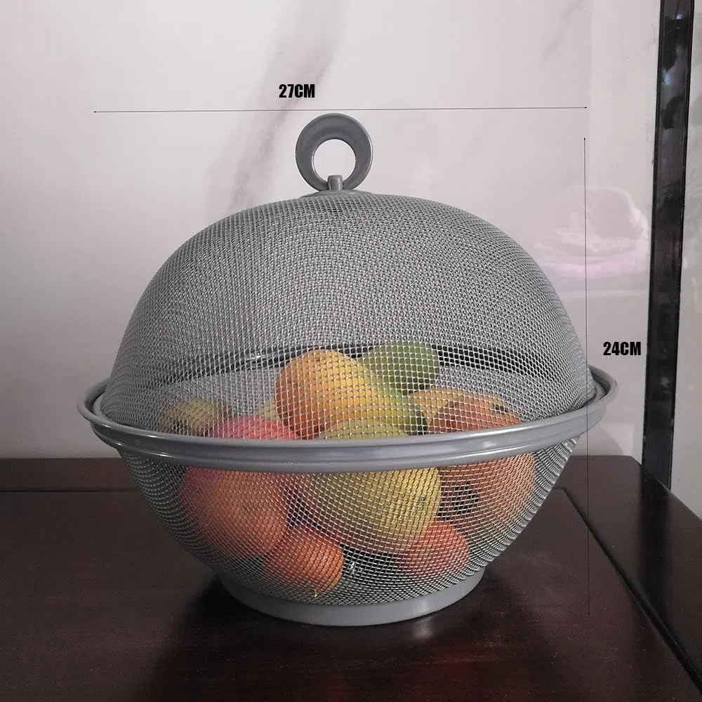 Fruttiera con Coperchio,Portafrutta in Metallo con Rete Traspirante per snack，cesto di frutta con coperchio in rete cesto di frutta con coperchio per ornamenti da cucina P27xL27xH24 cm (grigio)