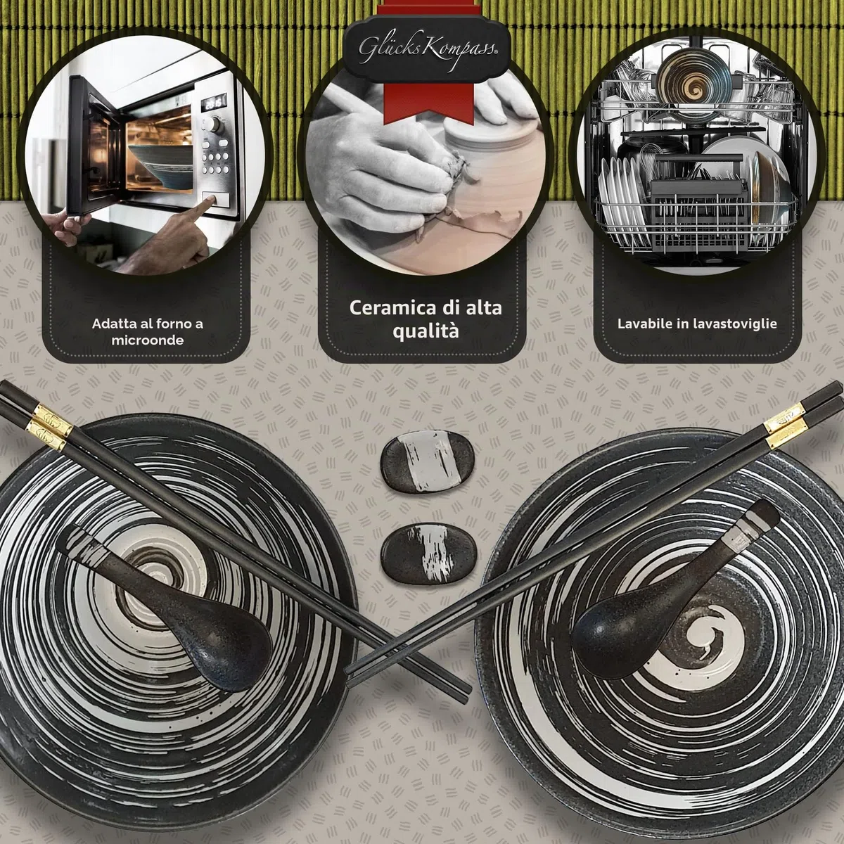 Set di ciotole per ramen giapponese in ceramica, grande: diametro 20 cm | Ciotola per zuppa, ciotola per riso asiatica, ciotola cinese, stoviglie tailandesi, cucchiaio