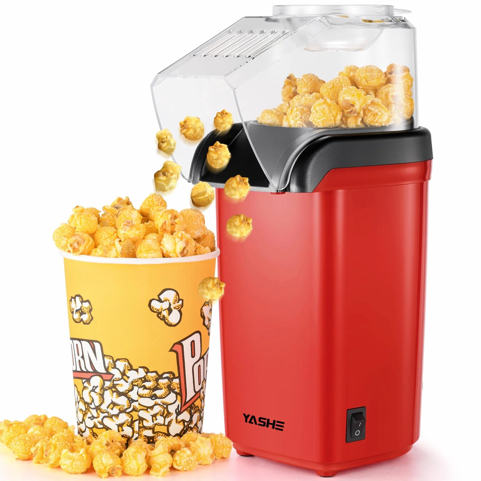 YASHE Macchina Popcorn, 1200W Macchina Pop Corn ad Aria Calda, Macchina per Popcorn in 2 Minuti, Sano e senza olio per le serate di cinema, Rosso