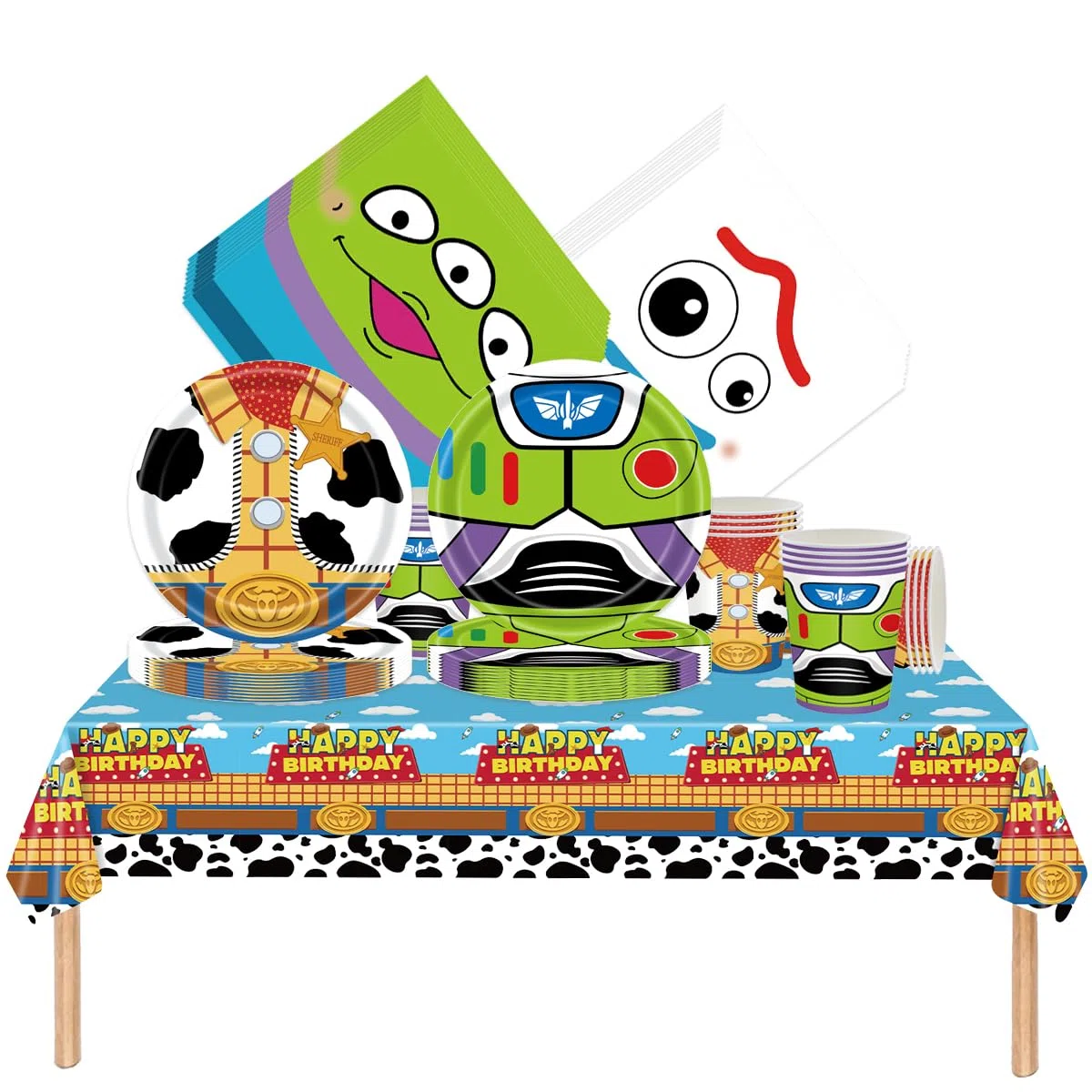 Cartoon Story Stoviglie per feste, 61 pezzi Nuvole Stoviglie per compleanni per bambini, Tema giocattoli Set di piatti di carta per feste, Compresi bicchieri, tovaglioli e tovaglie