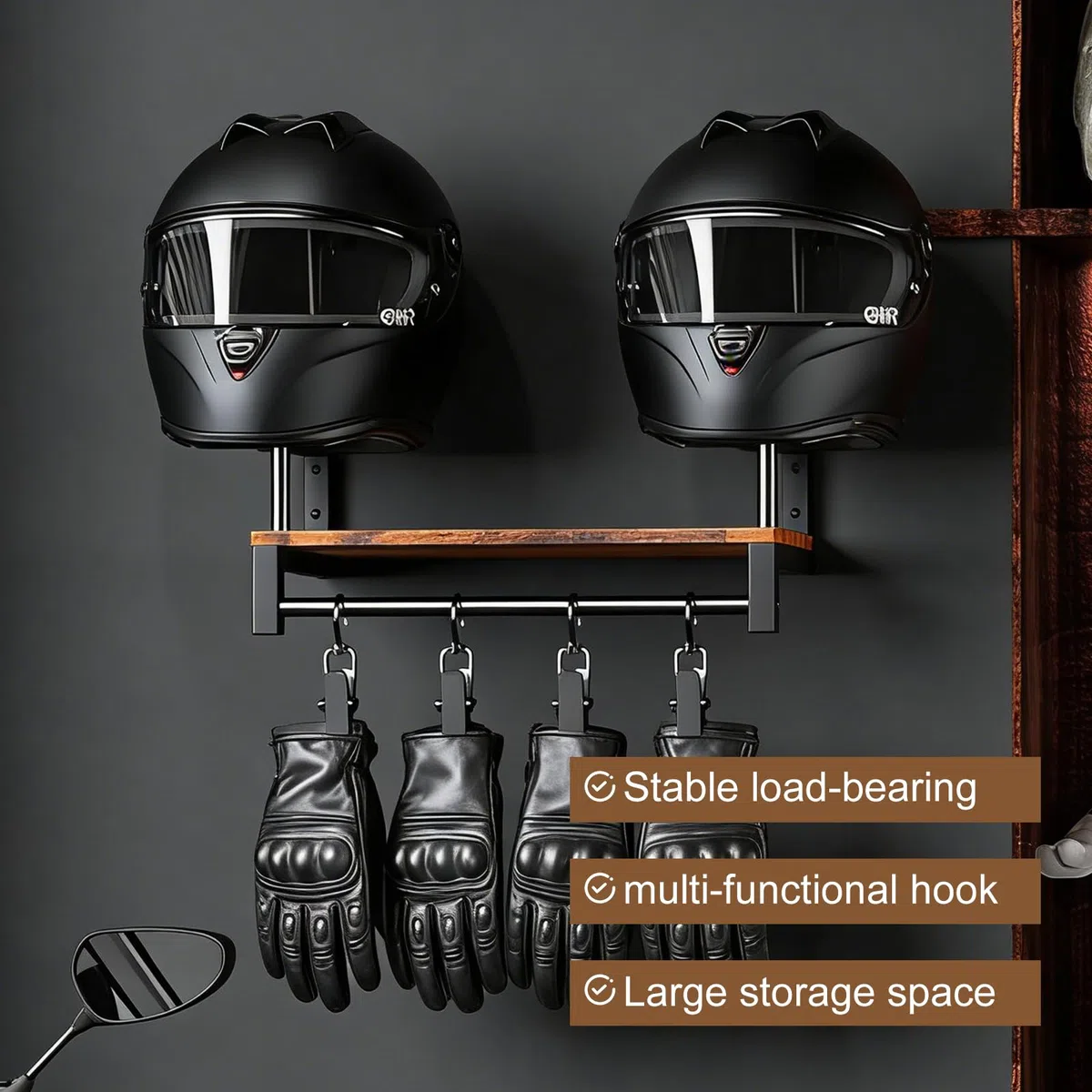 GOMETY Supporto da parete per casco da moto, in legno, con ripiano e 4 clip, organizer per casco da moto, casco da moto, casco da bicicletta, giacca e guanti