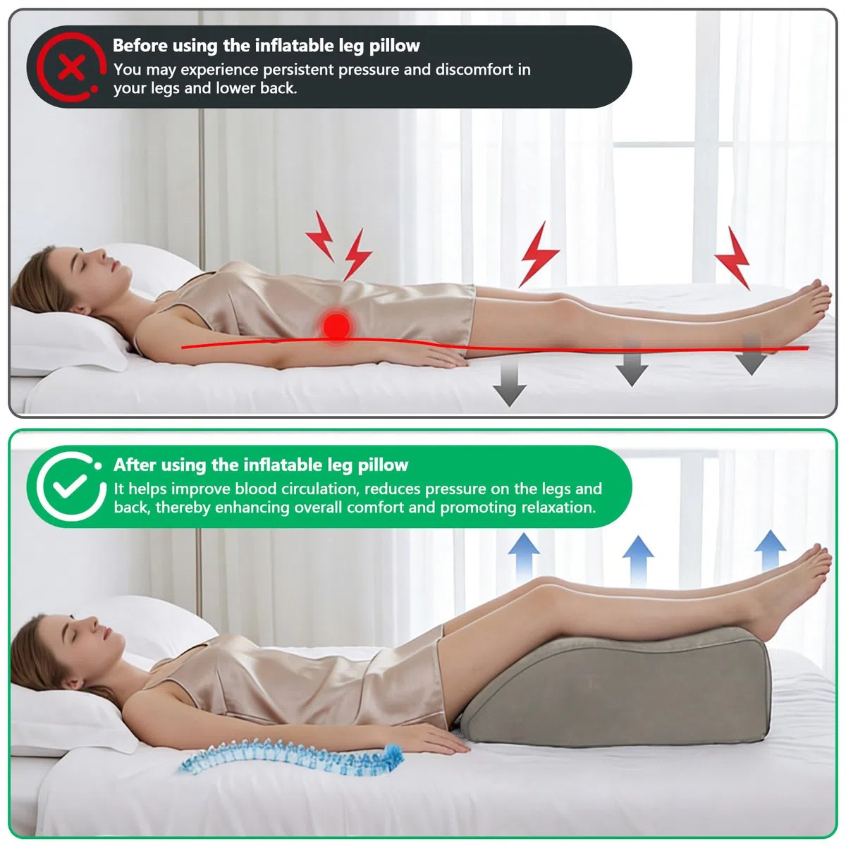 Cuscino Alza Gambe Gonfiabile per Tenere le Gambe Alte a Letto Cuscino a Cuneo per Dormire Riposo e Relax - Grigio