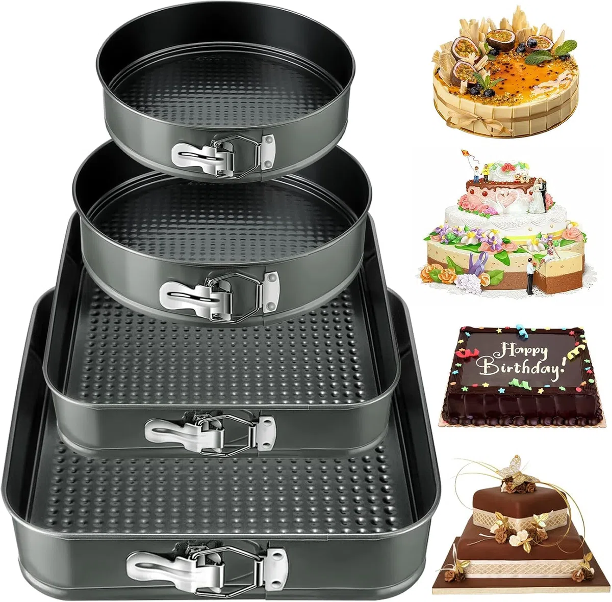 4 Pezzi Tortiera 16/20cm Rotonda e 22/26cm Quadrata, Rivestimento Antiaderente Teglie da Forno, Acciaio al Carbonio Teglia Torta con Fondo Rimovibile, Grigio