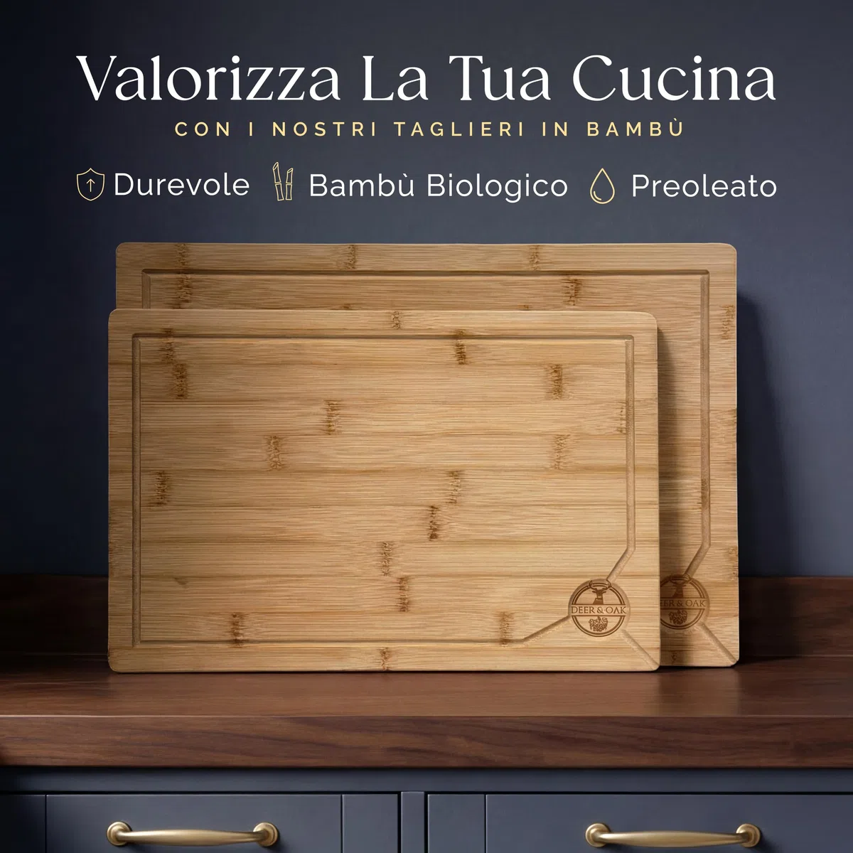 Deer & Oak Set di Tagliere in legno di alta qualità, 38 x 25 x 2 cm & 43 x 30 x 2 cm, in bambù, per intagliare carne o verdure, taglieri da cucina pre-oliato, trattato, legno attraente