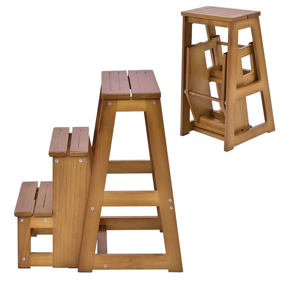RELAX4LIFE 2 in 1 Sgabello Scaletta in Legno a 3 Gradini, Richiudibile per Cucina, Camera da letto, Ufficio, Negozio (Marrone Chiaro)