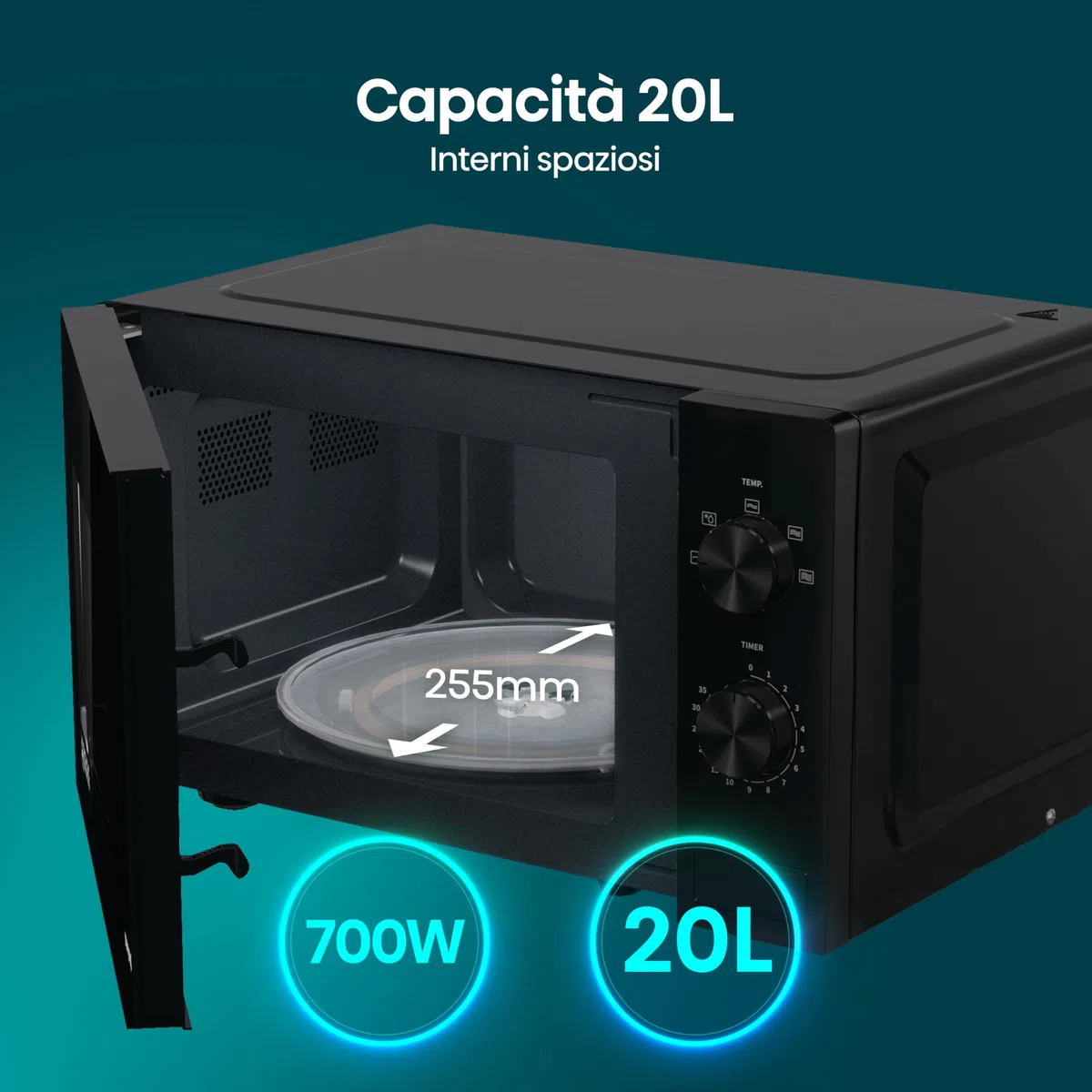 Hisense H20MOBP1 Forno a Microonde, Nero con Manopole, Capacità 20 litri, 5 Livelli di Potenza, Vetro Ceramica, Funzioni Timer e Defrost Rapido