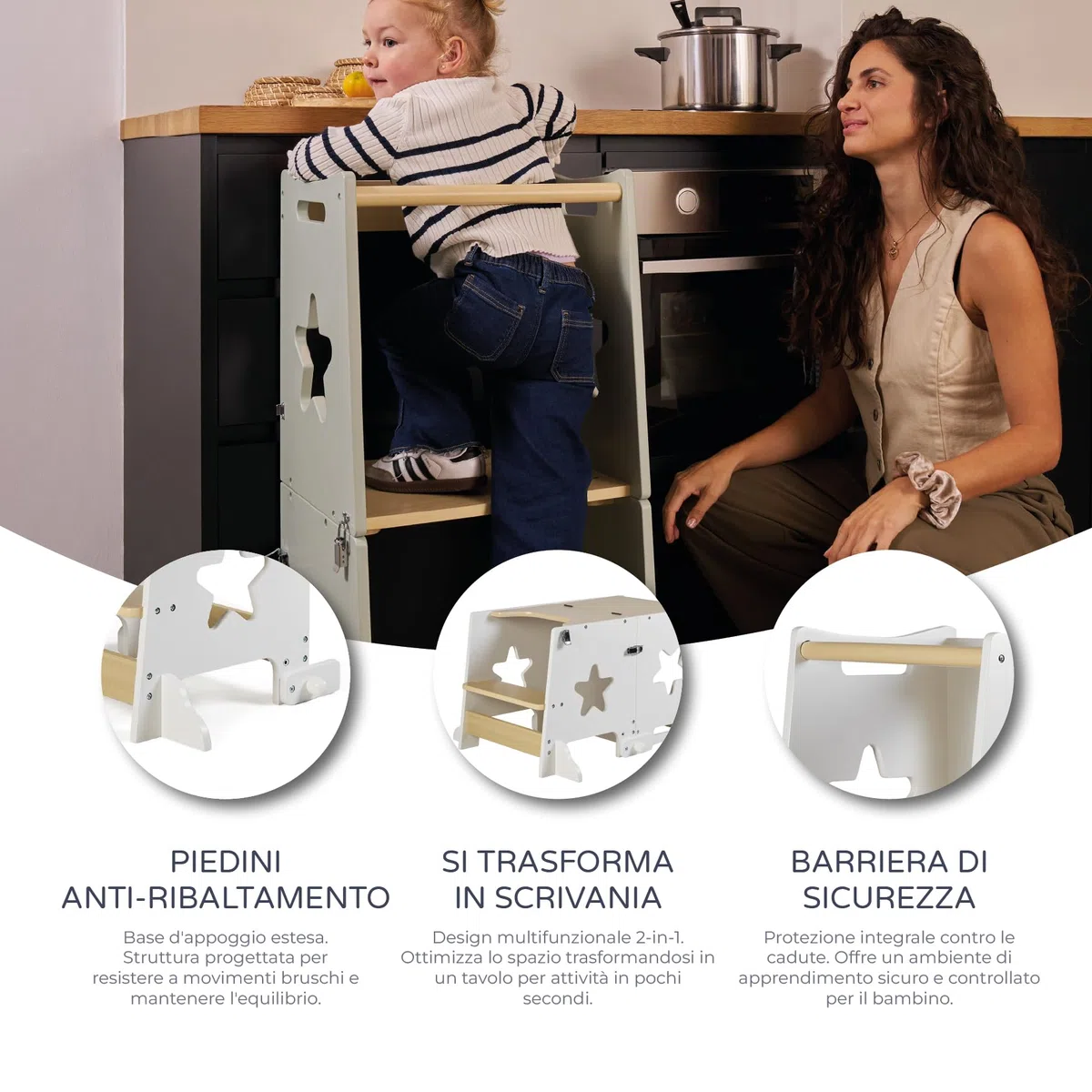 MS BabyWorld – Learn Up – Torre d'Apprendimento Montessori | Convertibile in Scrivania con Lavagna e Sgabello | Legno Massello | Barra di Sicurezza | Pieghevole