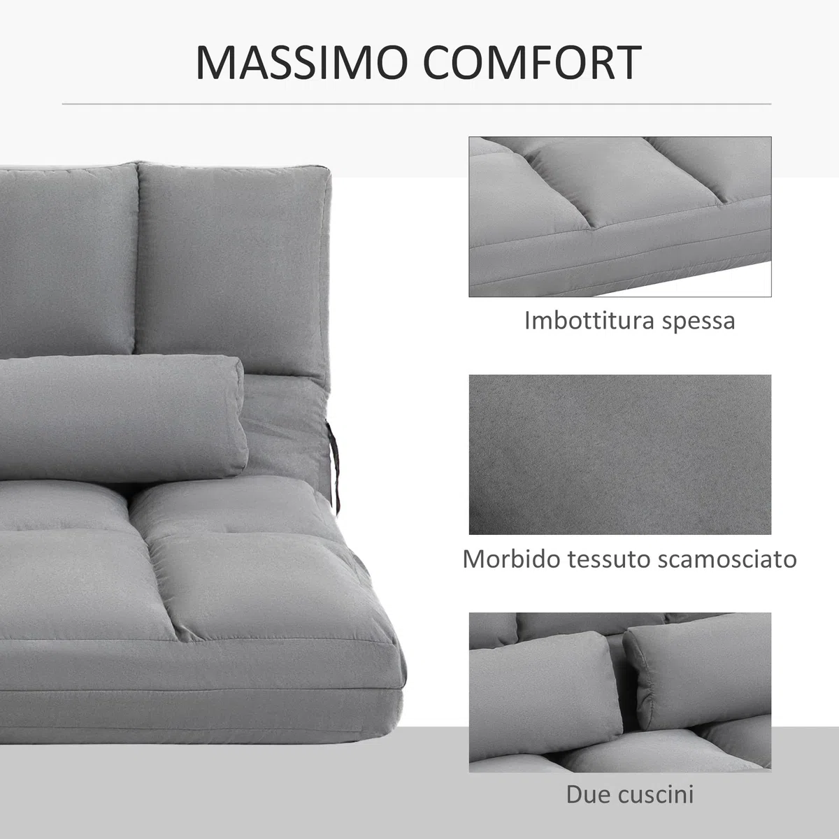 HOMCOM Divano Letto Moderno 2 in 1, Schienale Reclinabile su 7 Livelli e Cuscini, Divano per Soggiorno per TV, Giochi, Lettura, Yoga, Ufficio, 130x73x60 cm, Grigio Chiaro