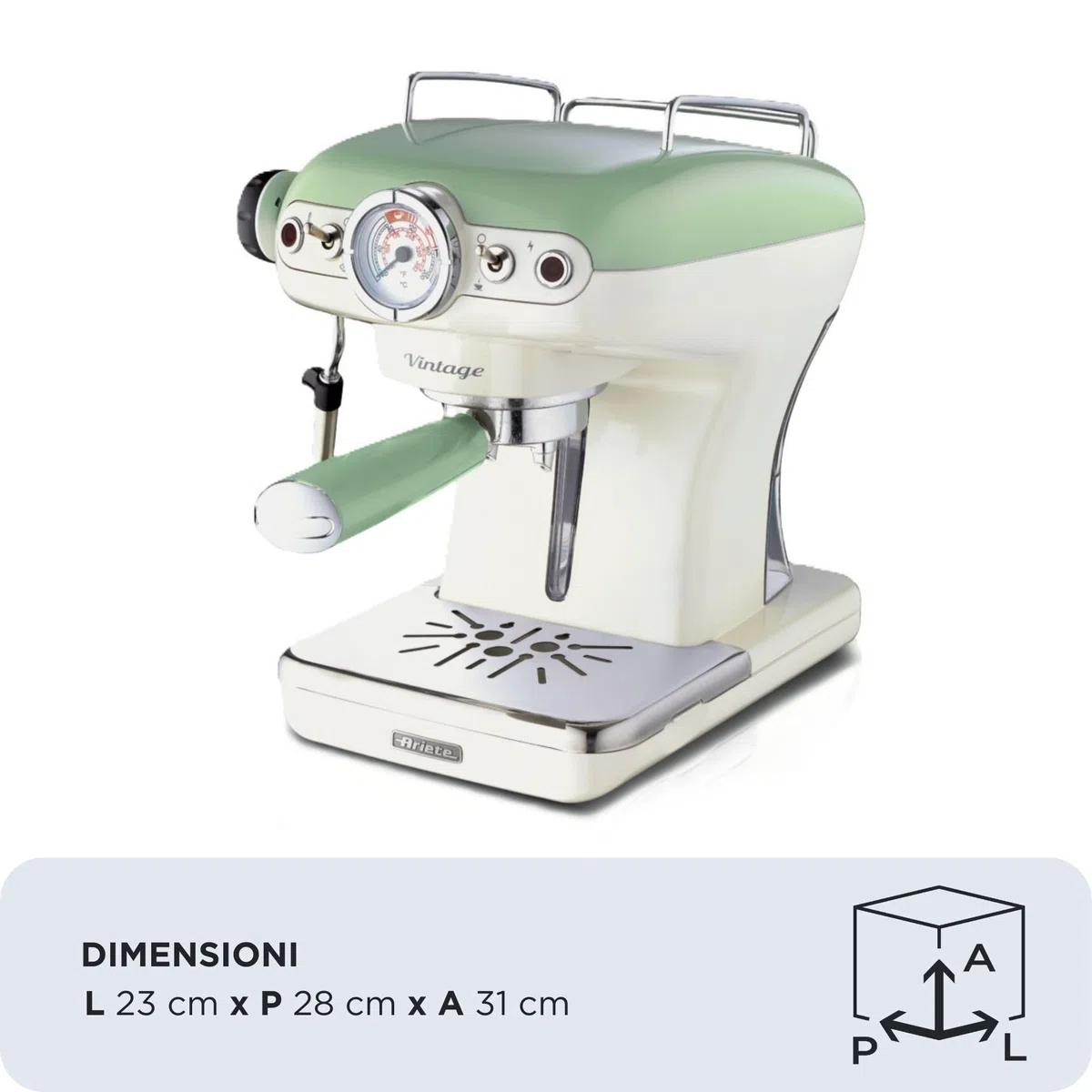 Ariete Caffè Espresso Vintage 1389, Macchina per Caffè Espresso per Polvere o Cialda ESE, 1 e 2 Tazze, Lancia Cappuccinatore, Supporto Tazze in Acciaio Inox, 15 Bar, 850W, Verde