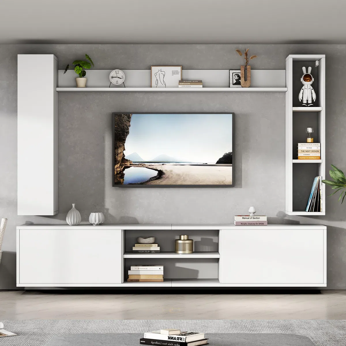 MURUL Set da parete per TV, 4 pezzi, 180 x 35 x 33,5 cm, bianco, con vetrine e supporto flessibile, per TV fino a 80 pollici