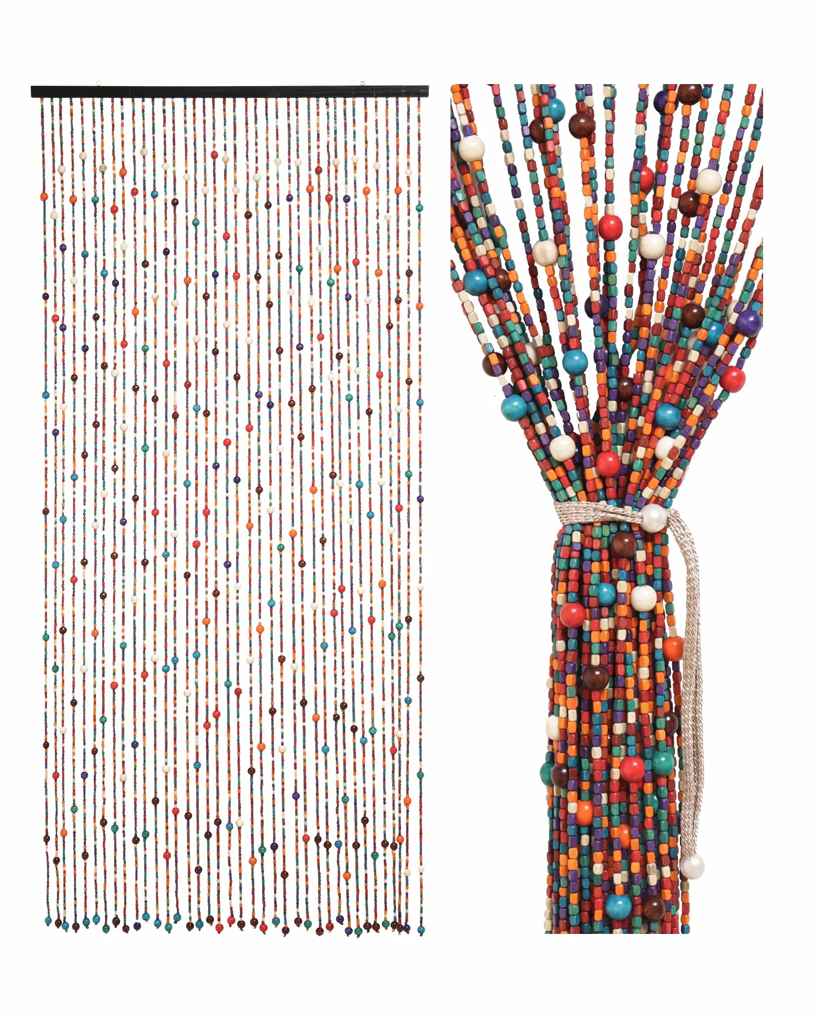 90 x 200 cm, tenda di perle per porte come decorazione e protezione dagli insetti, 38 fili, stile bohémien, in bambù e perline di legno, per finestre/camere, arcobaleno colorato