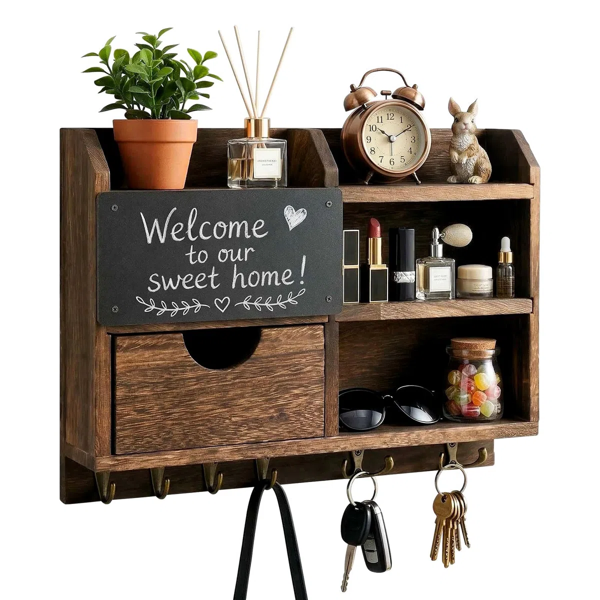 Portachiavi da Parete in Legno e Metallo con Cassetto e Mensole, Organizer Decorativo per Ingresso e Corridoio, Ganci per Chiavi e Piccoli Oggetti, Design Rustico e Moderno – 37×28,5 cm