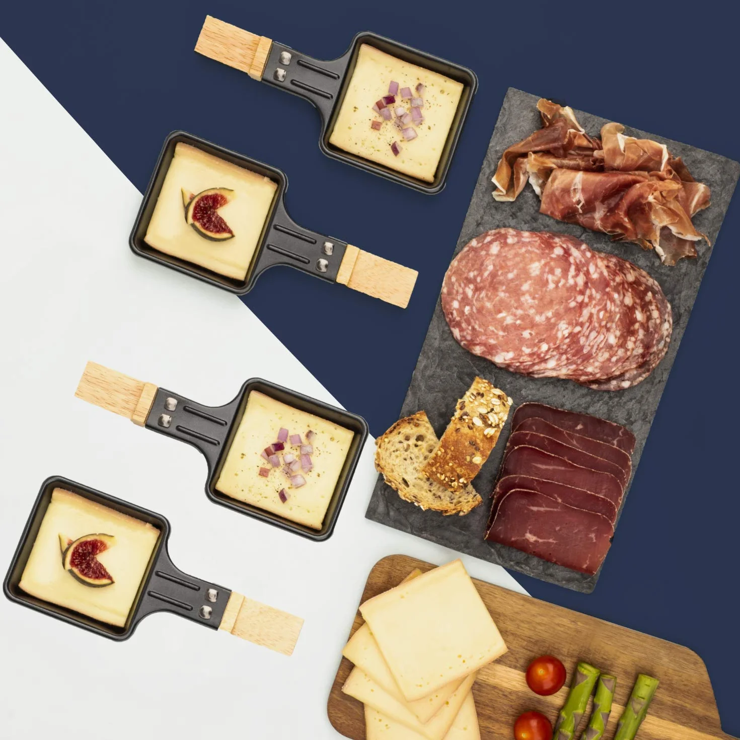 H.Koenig Apparecchio multifunzione per raclette 6 persone WOD6, Professionale, Raclette, Fonduta, Pietra di granito e legno naturale, Piastra rimovibile, 6 teglie e 6 spatole di legno, 900W