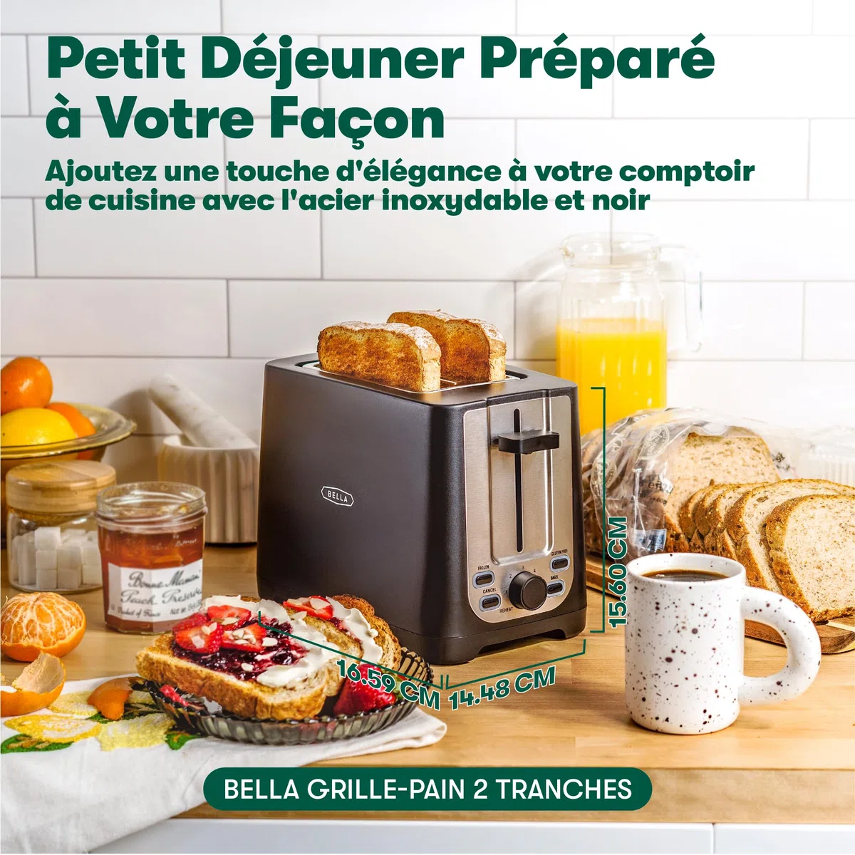 bella Tostapane a 2 fette con spegnimento automatico, fessure extra larghe, vassoio raccoglibriciole rimovibile, scongelamento e riscaldamento - pane tostato, bagel e waffle, nero