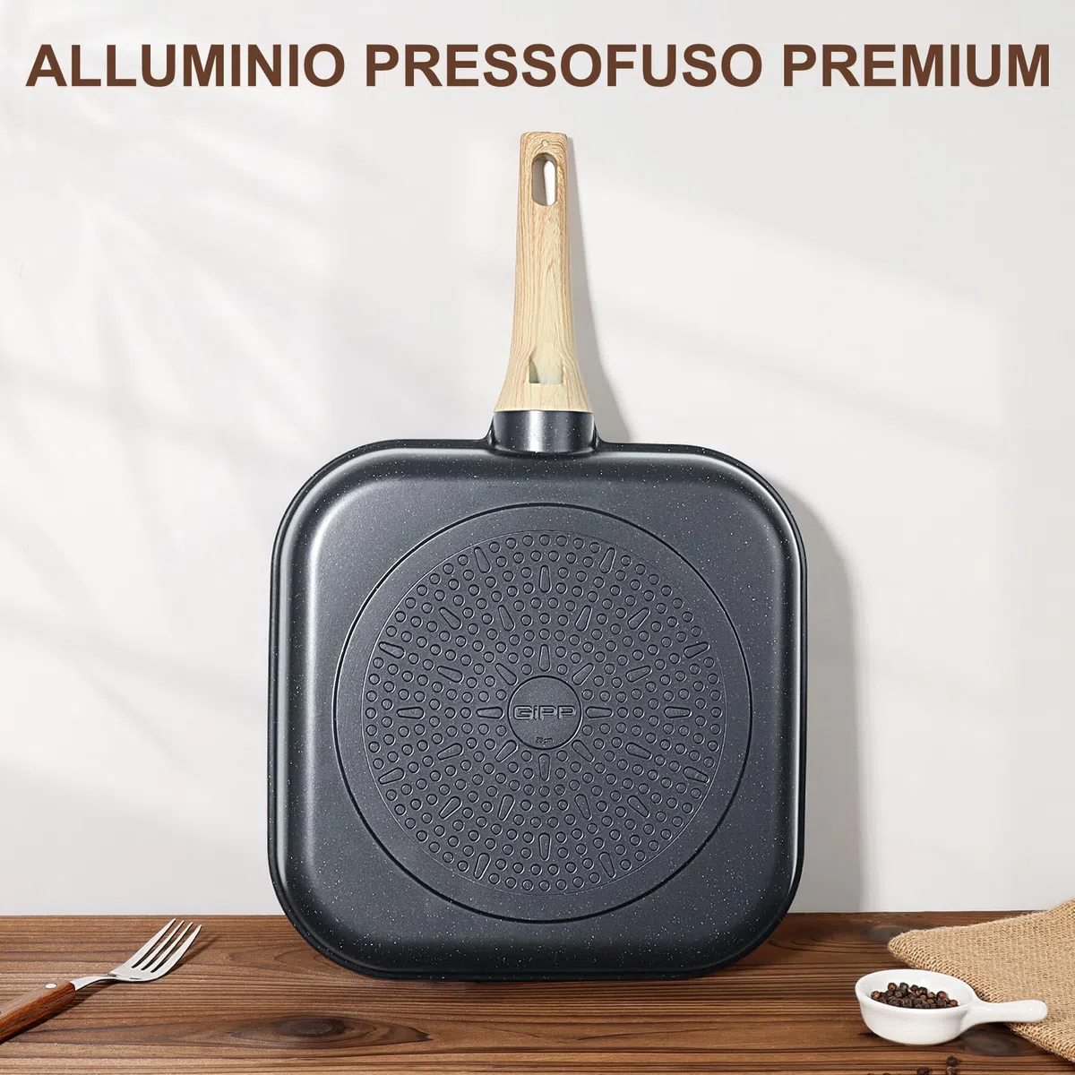 GiPP Bistecchiera 28 x 28 cm, Padella a Induzione in Alluminio Pressofuso con Rrivestimento Antiaderente in Granito, 100% Senza PFOA, Adatta per Tutti i Tipi di Fornelli (Grigio, 28cm)