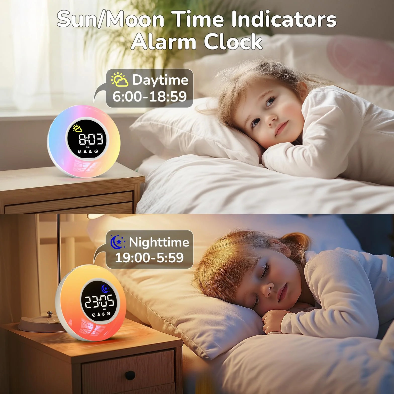 Sveglia Digitale da Comodino per Bambini con Luce Notturna a 10 Colori, Modalità Giorno e Notte, 12 Melodie, Doppia Sveglia, Timer, Luminosità e Volume Regolabili, Alimentazione a Rete