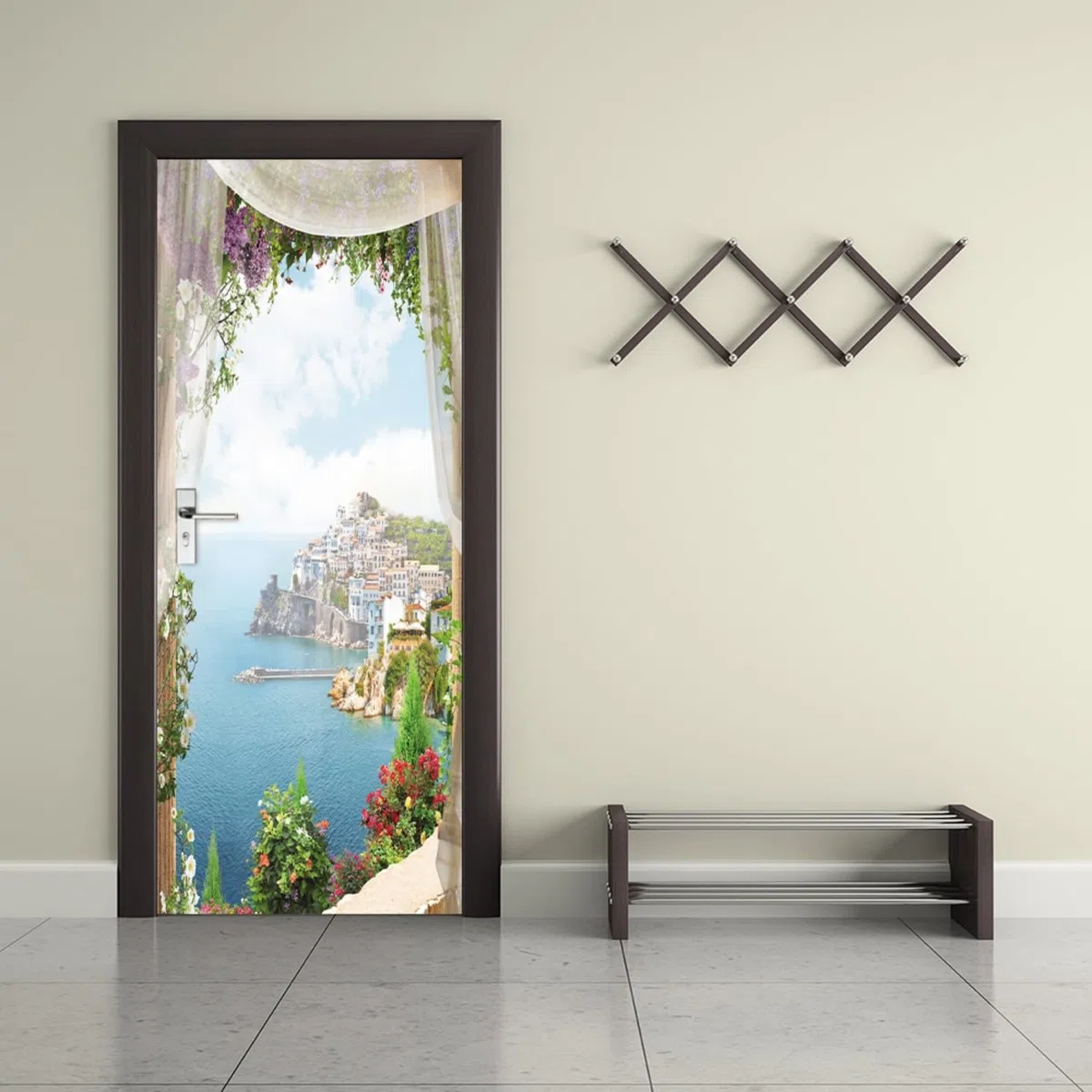 Trompe l'oeil Adesivi per Porte Finestra vista mare Autoadesiva Impermeabile,Vinile PVC, Carta da parati per pareti e porte poster per la camera da letto e il soggiorno 77 x 200 cm